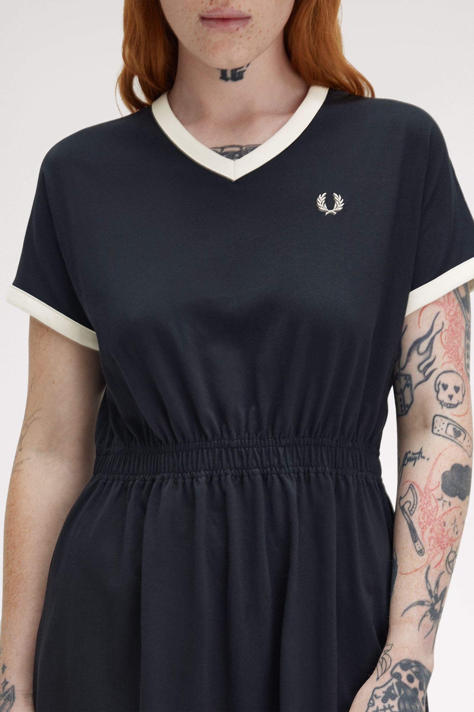 Fred Perry V-Neck Jersey Dress in Navy 