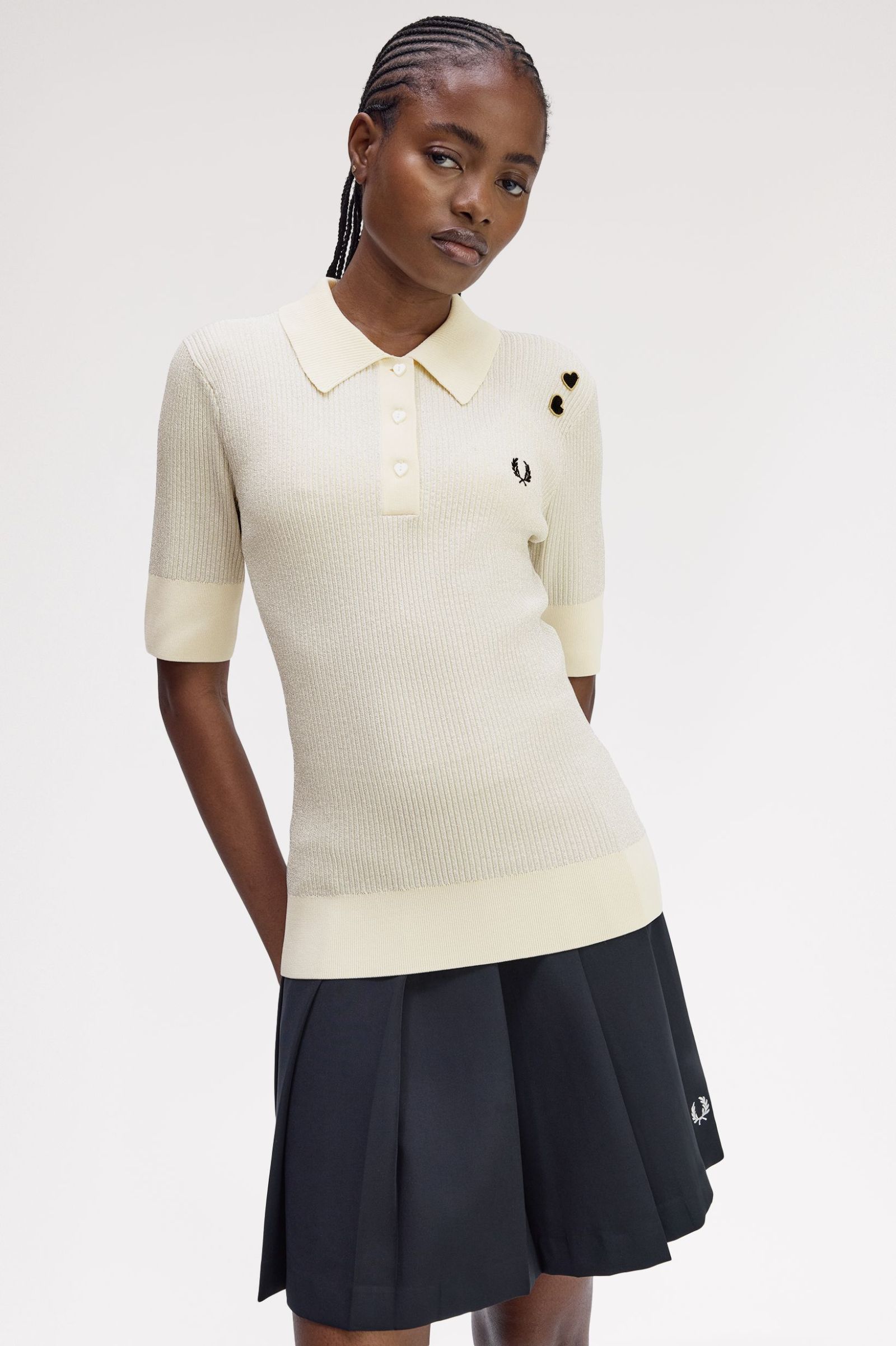 Fred Perry Amy Winehouse Metallic Rib Knit Polo Shirt (Ecru)