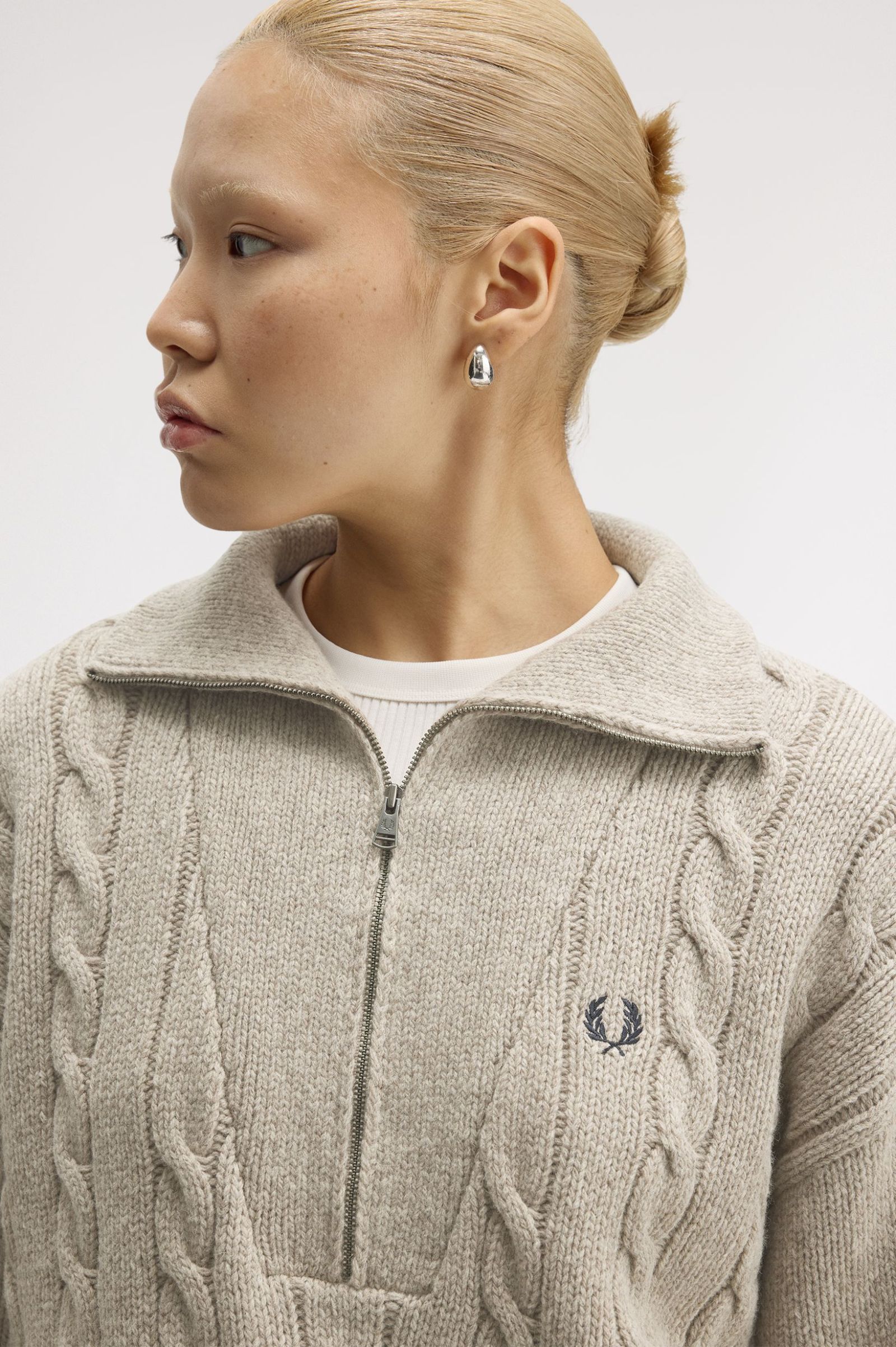 Fred Perry Half Zip Cable Knit Jumper (Warm Oat Marl)
