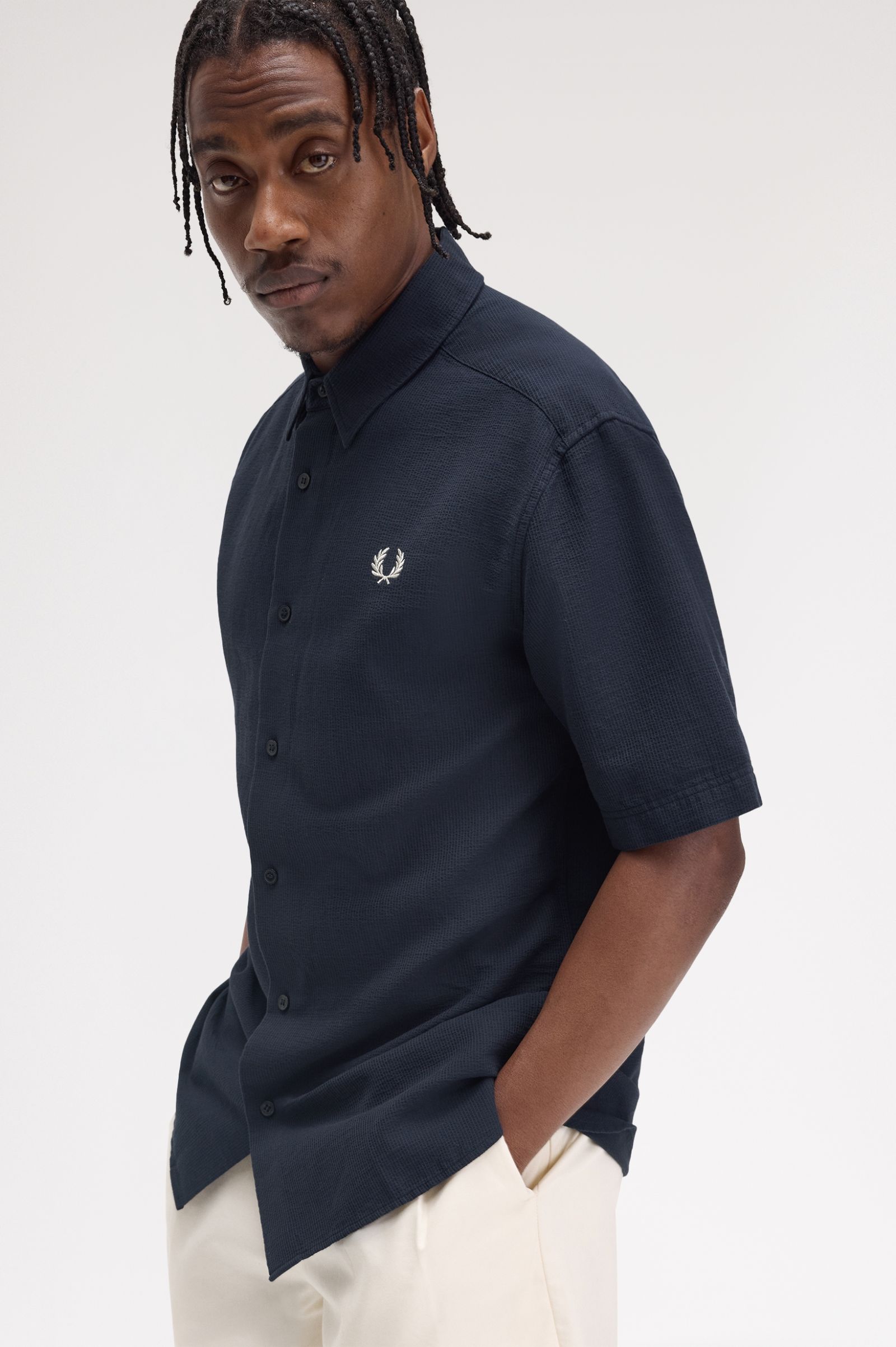 Fred Perry Textured Seersucker Shirt in Navy 