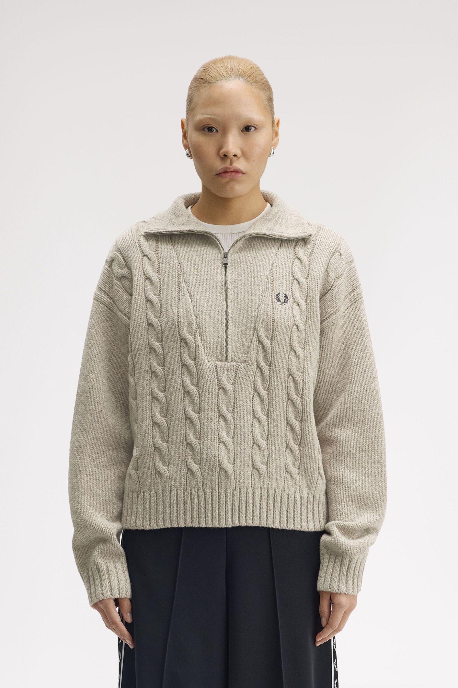 Fred Perry Half Zip Cable Knit Jumper (Warm Oat Marl)