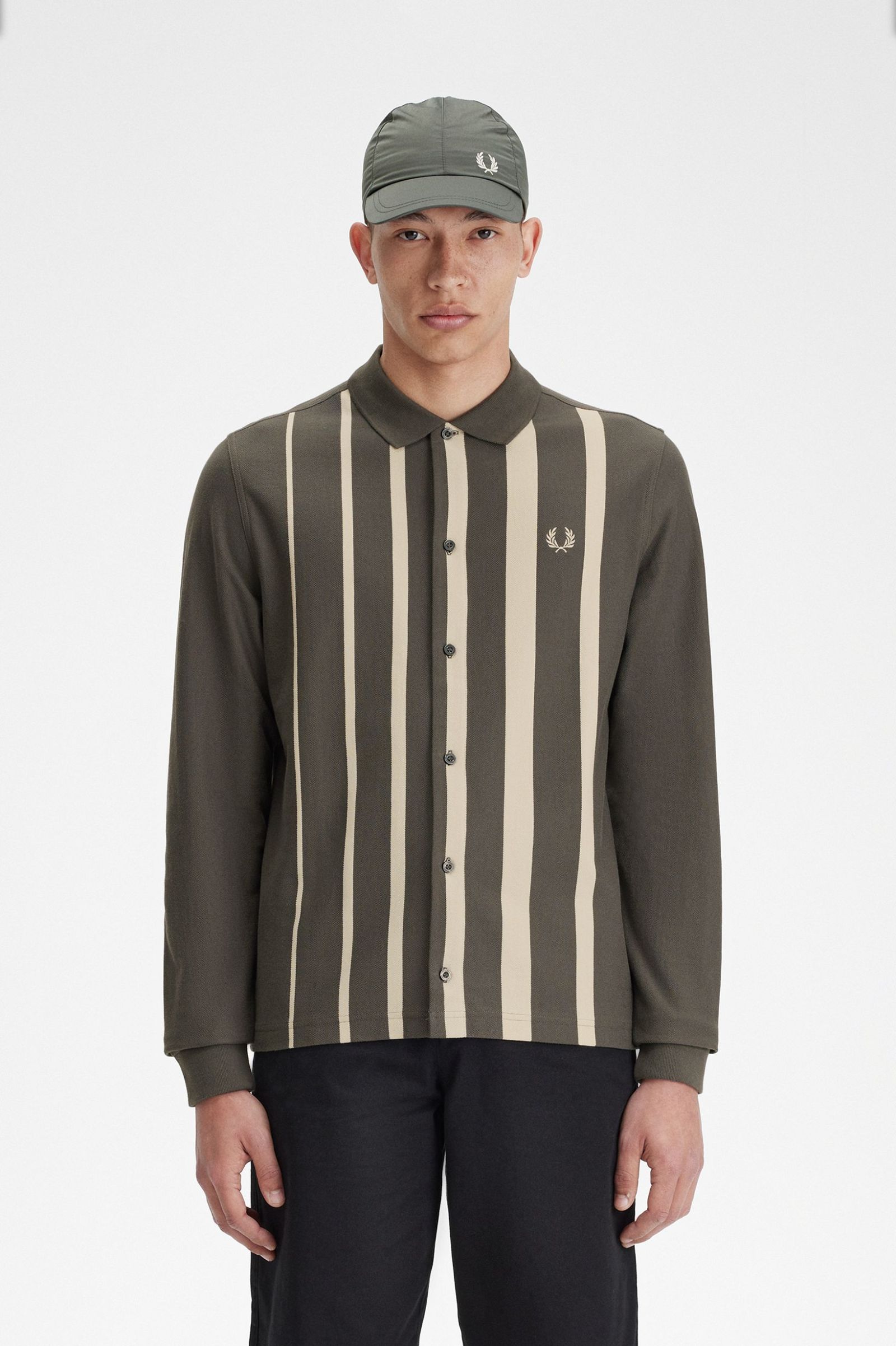 Fred Perry Gradient Stripe Long Sleeve Polo Shirt in Field Green 