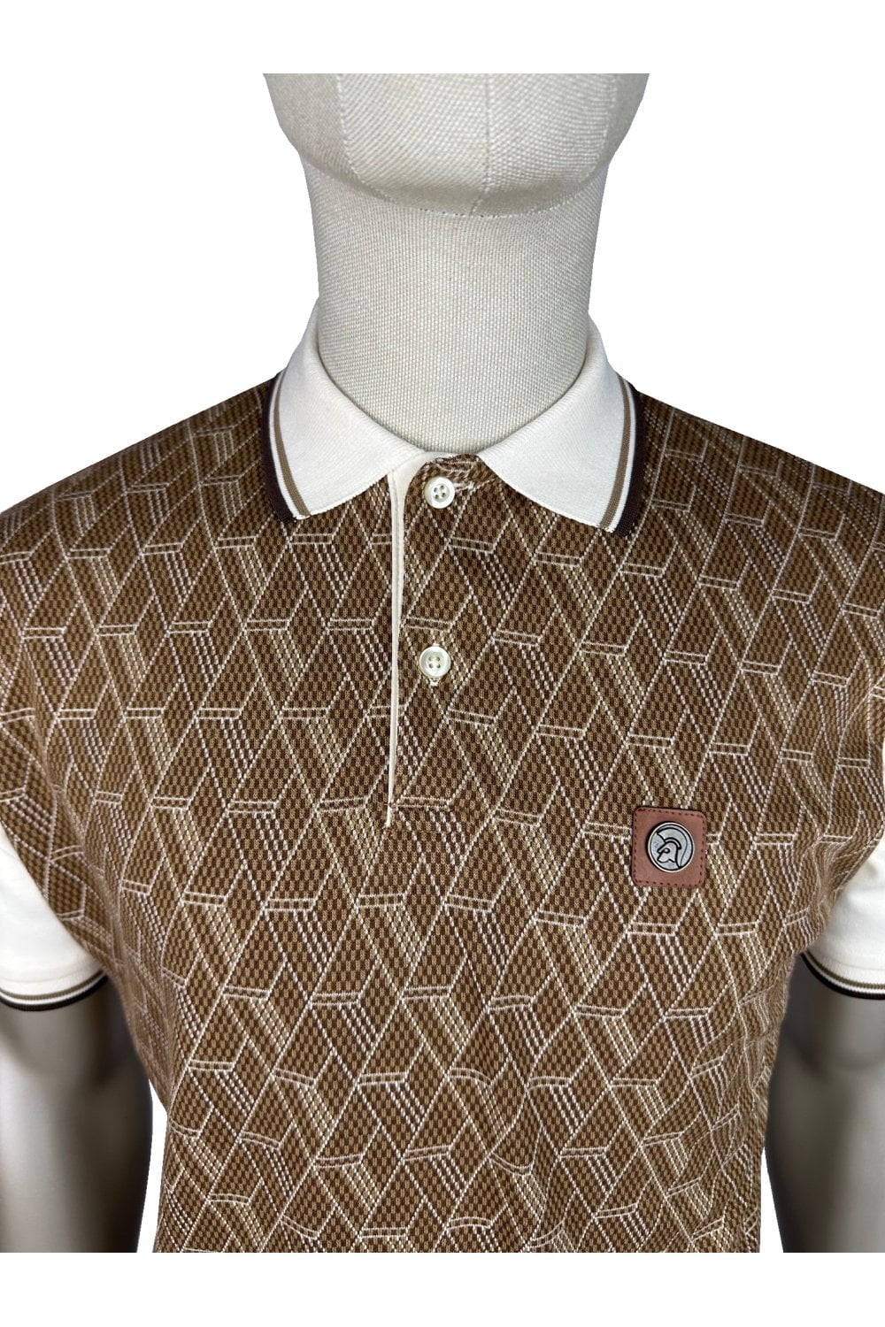 Trojan Chequerboard Diamond Jacquard Panel Polo in Ecru