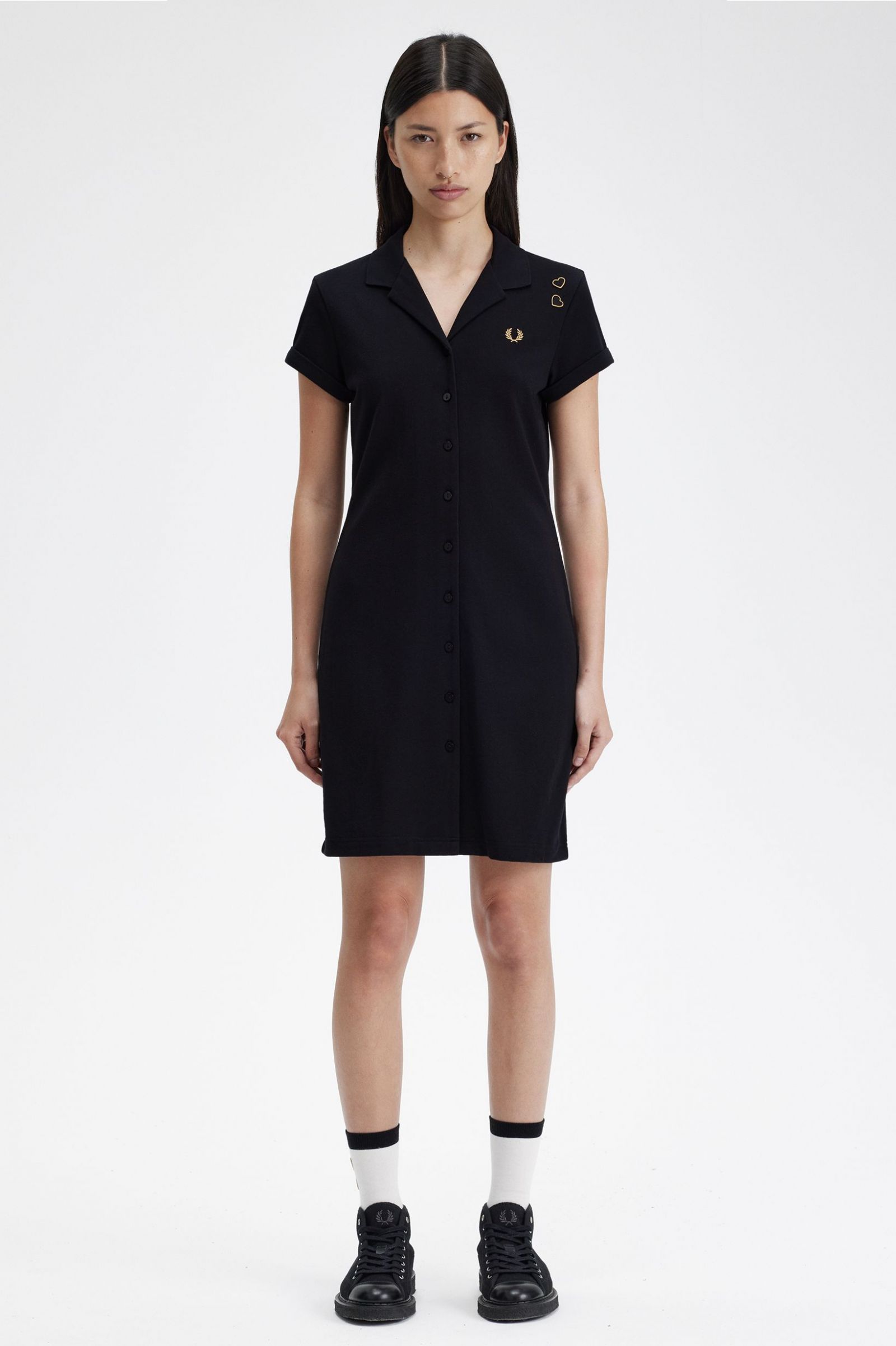 Fred Perry Button Through Pique Shirt Dress in Black