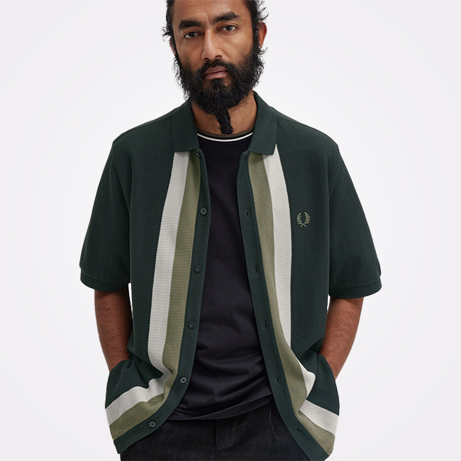 Fred Perry Panelled Button through Polo Shirt (Dark Airforce)