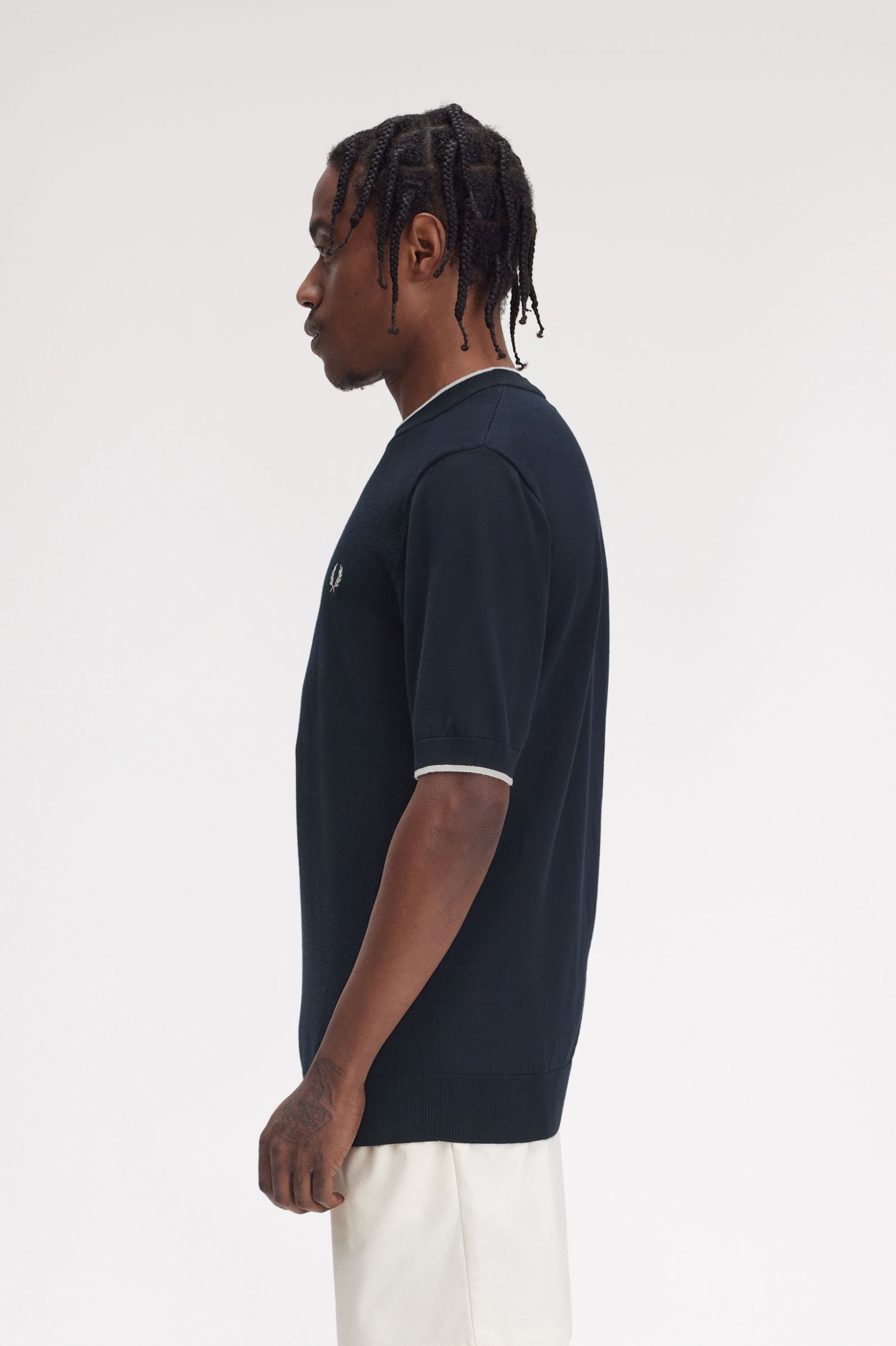 Fred Perry Texture Front Knitted T-Shirt in Navy 
