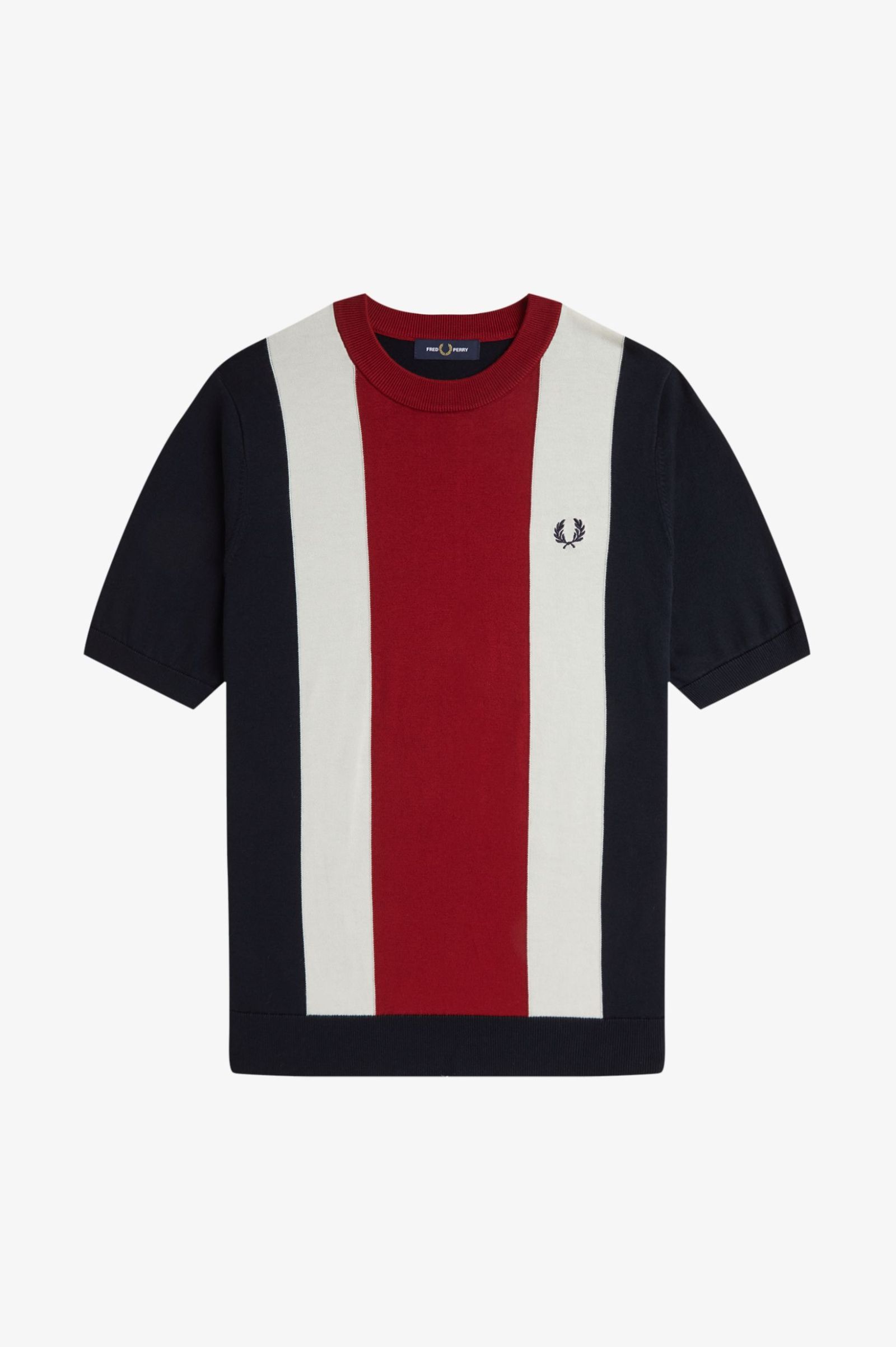 Fred Perry Vertical Stripe Knitted T-Shirt in Navy/Burnt Red/Ecru