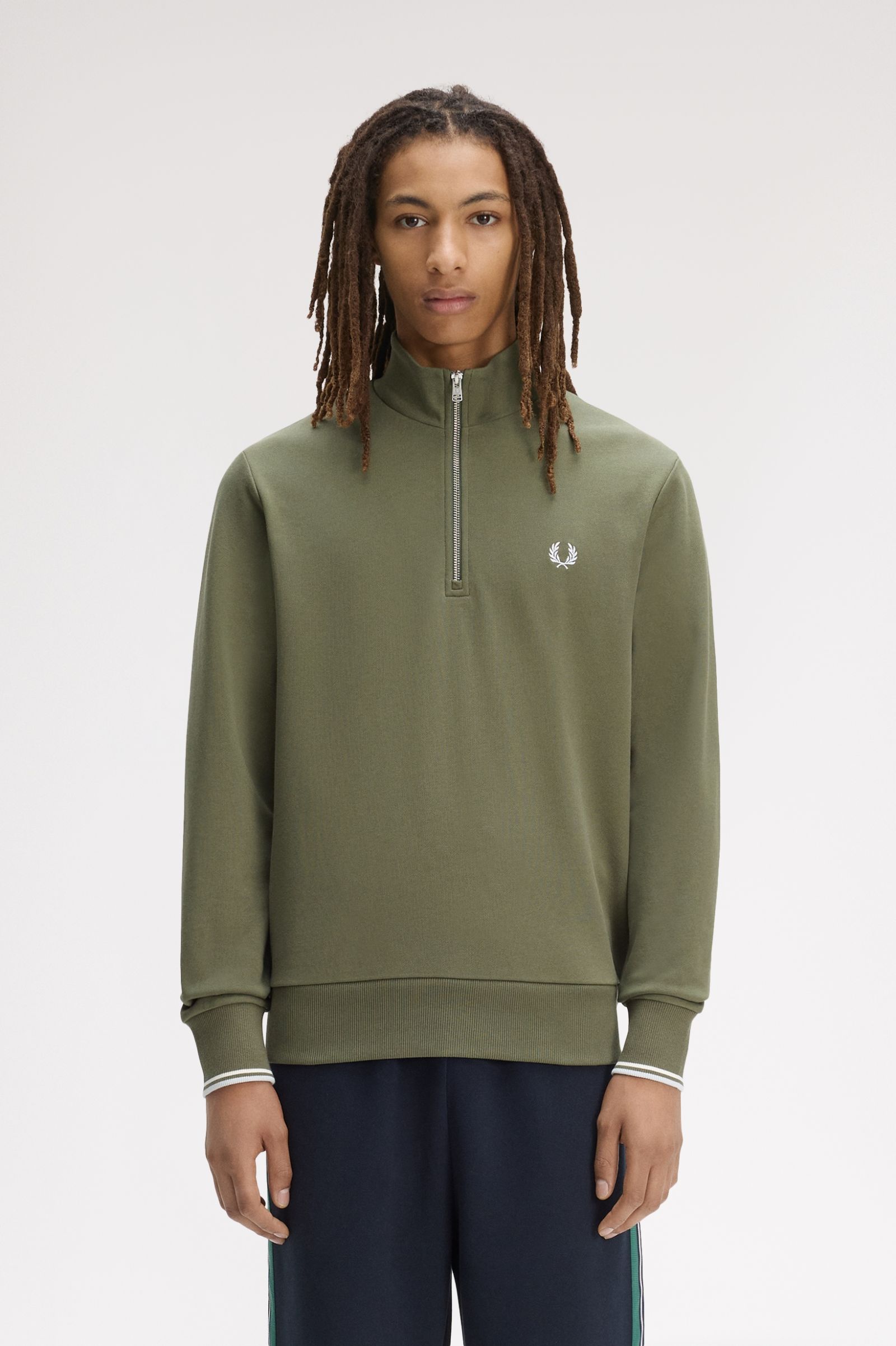 Fred Perry Half Zip Sweatshirt (Laurel Wreath Green/Ecru/Dusk Blue)