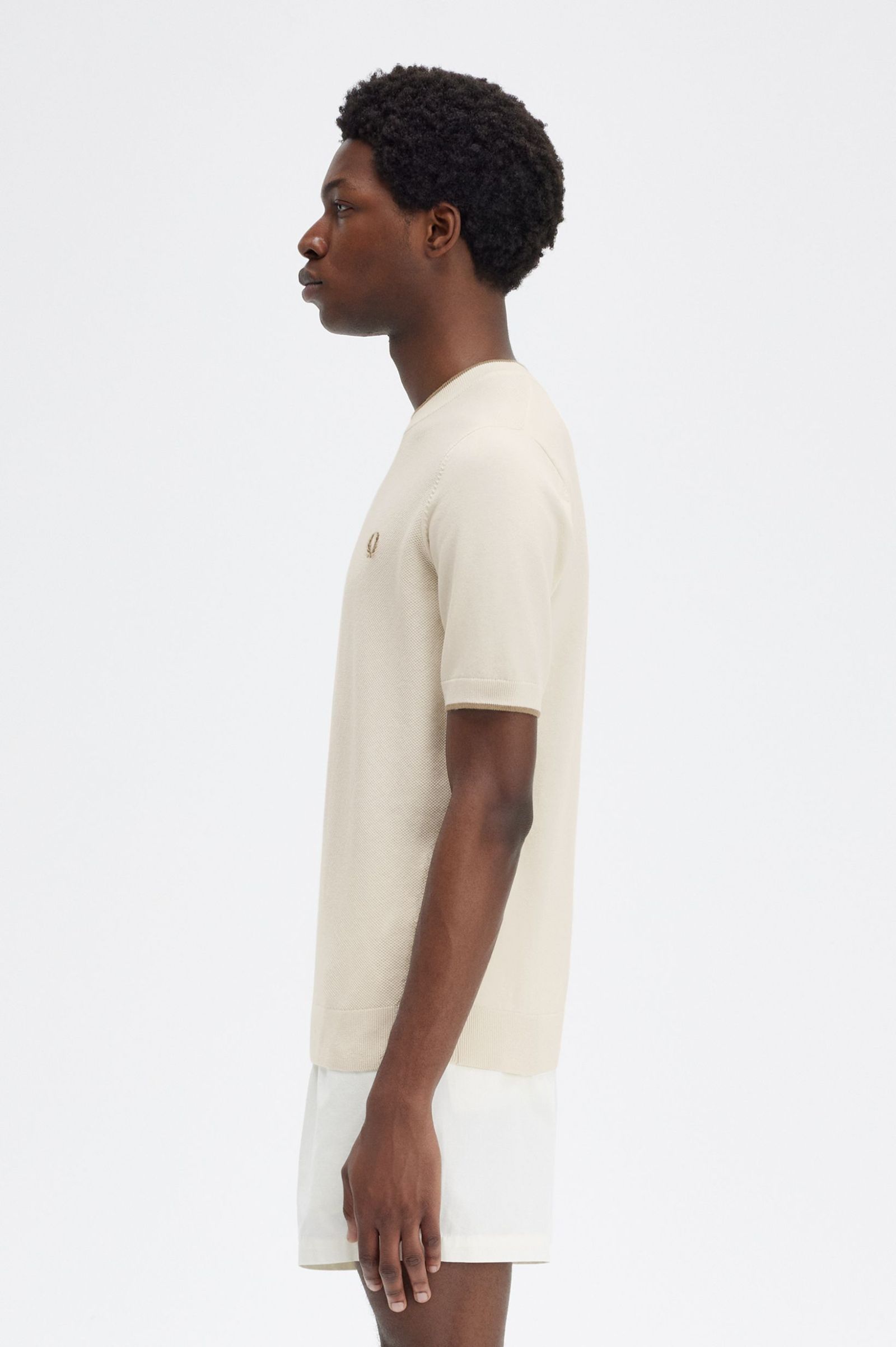 Fred Perry Texture Front Knitted T-Shirt in Ecru 