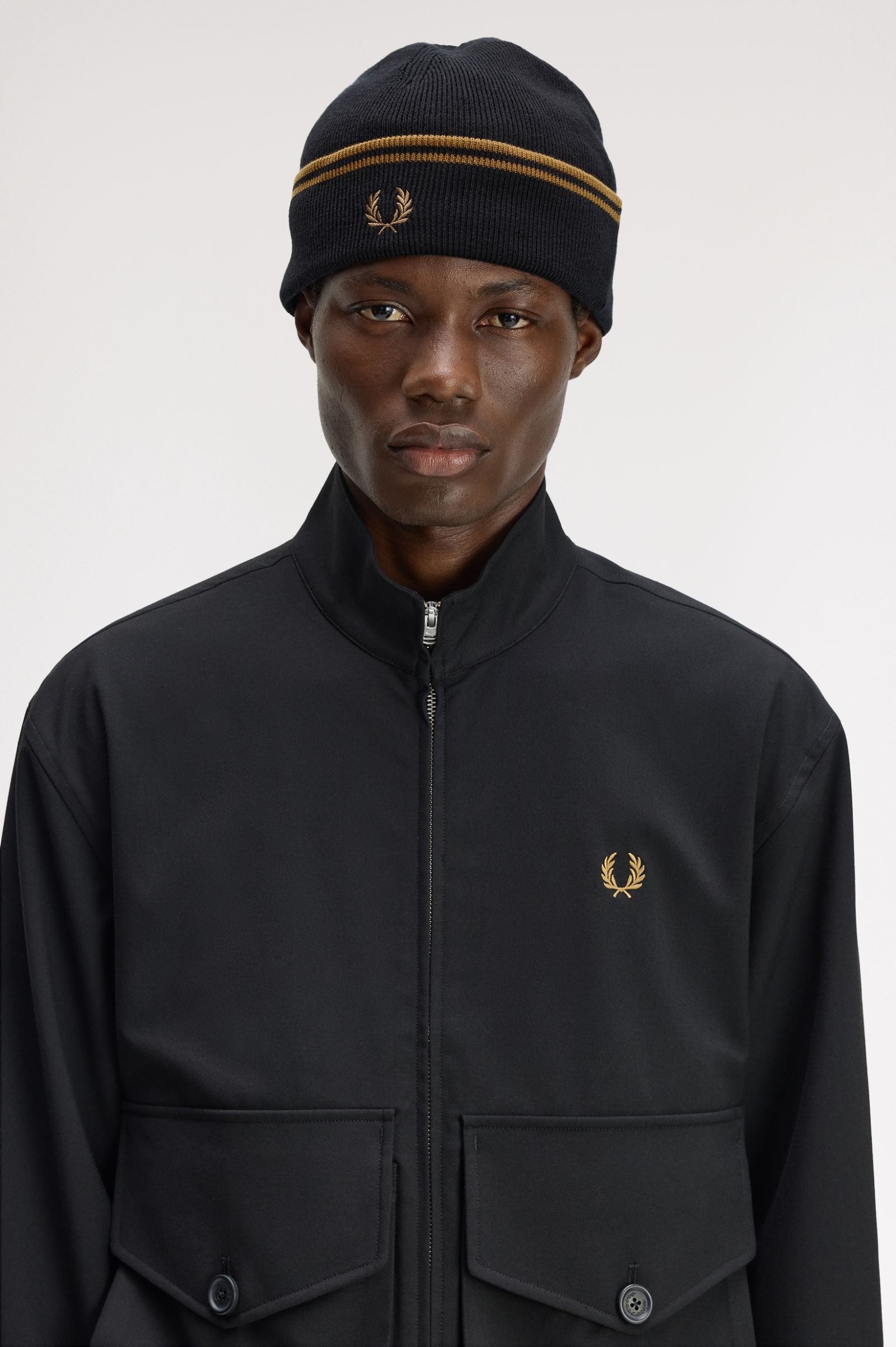Fred Perry Twin Tipped Merino Wool Beanie (Black/Dark Caramel)