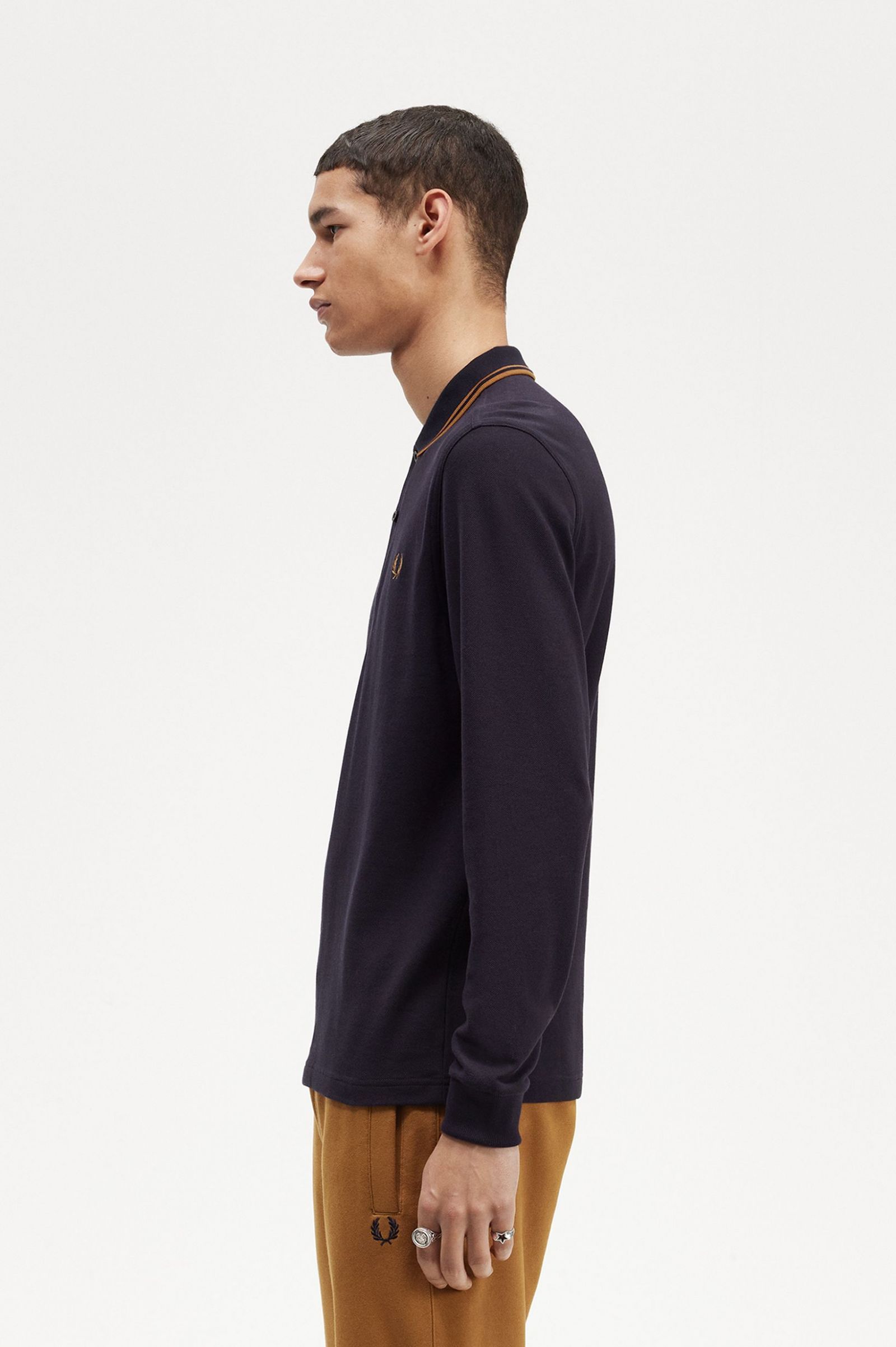 Fred Perry LS Twin Tipped Shirt in Navy/Darck Caramel