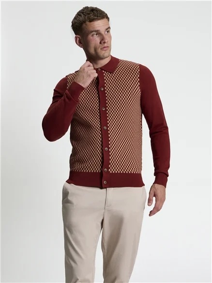Ben Sherman Long Sleeve Contrast Checkerboard Button Through Knitted Shirtn (Sienna)