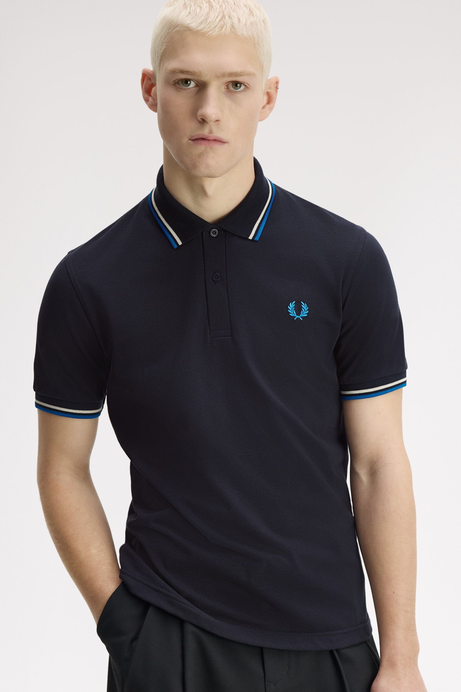 Fred Perry Made in England M12 Twin Tipped Polo Shirt (Navy/Tramline White/Indoor Court Blue)