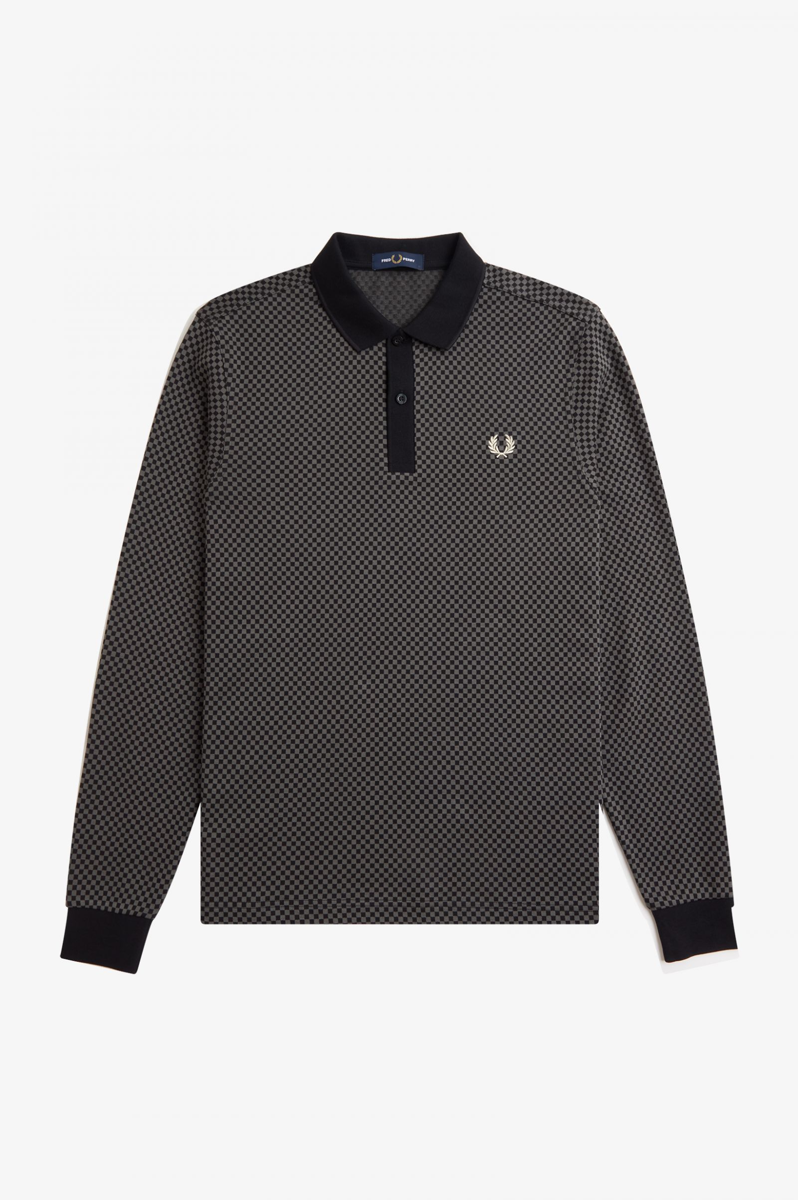 Fred Perry Longsleeve Poloshirt Micro Chequerboard in Black/ Field Green