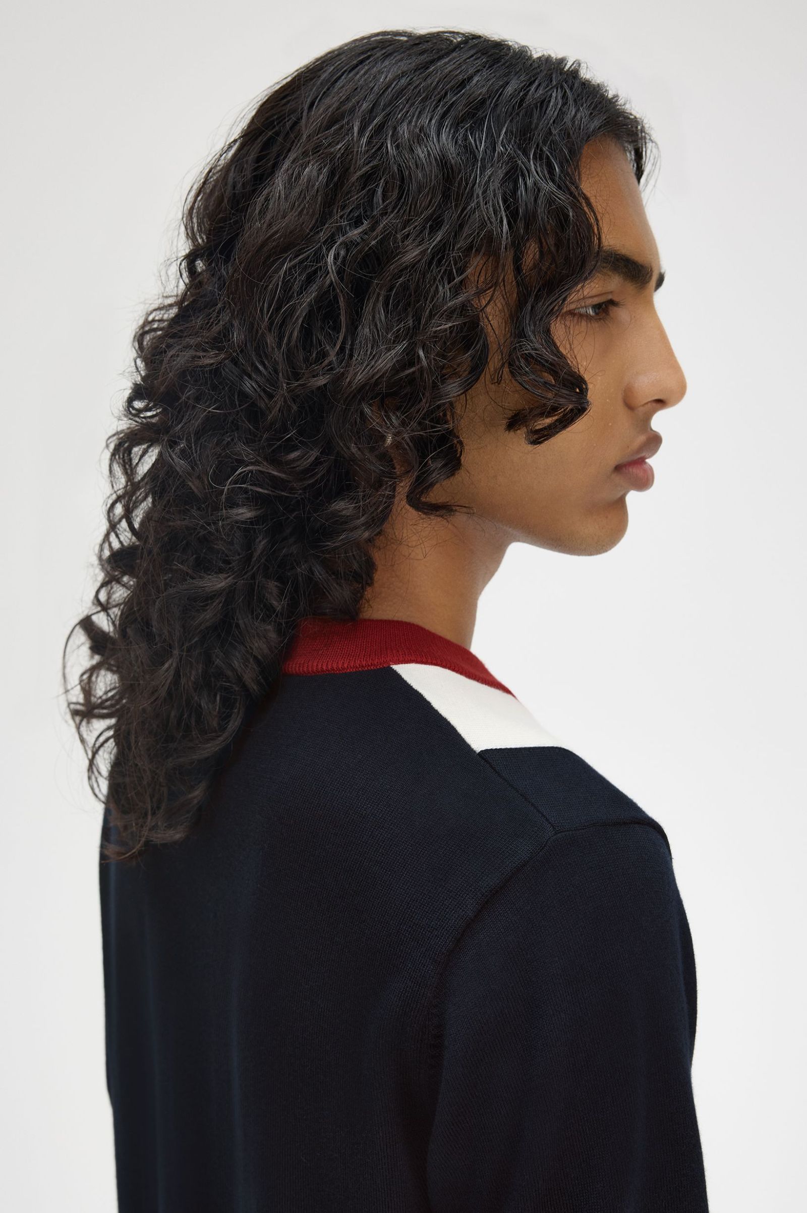 Fred Perry Vertical Stripe Knitted T-Shirt in Navy/Burnt Red/Ecru
