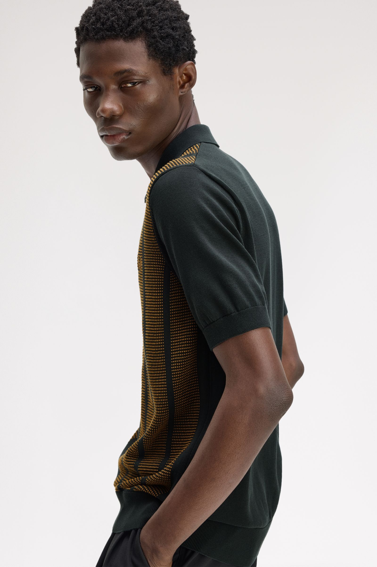 Frerd Perry Textured Panel Knitted Shirt (Night Green)
