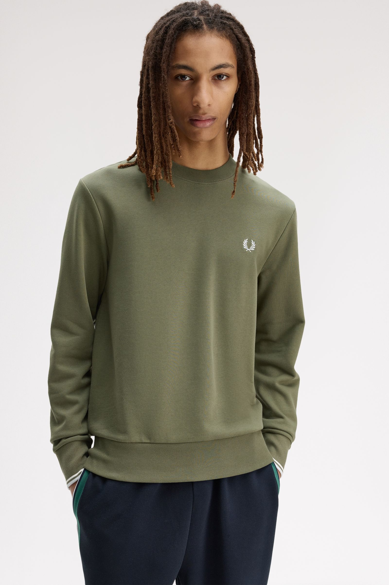 Fred Perry Crew Neck Sweatshirt (Laurel Wreath Green/Ecru/Dusky Blue)