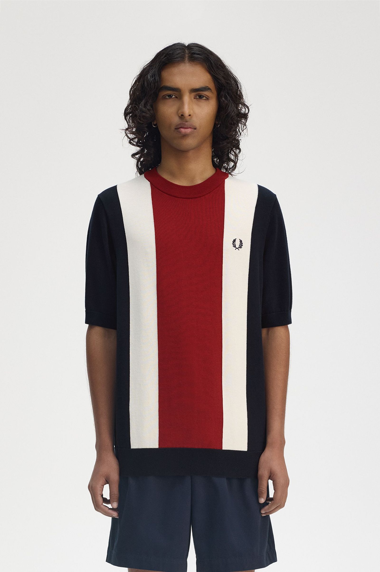 Fred Perry Vertical Stripe Knitted T-Shirt in Navy/Burnt Red/Ecru