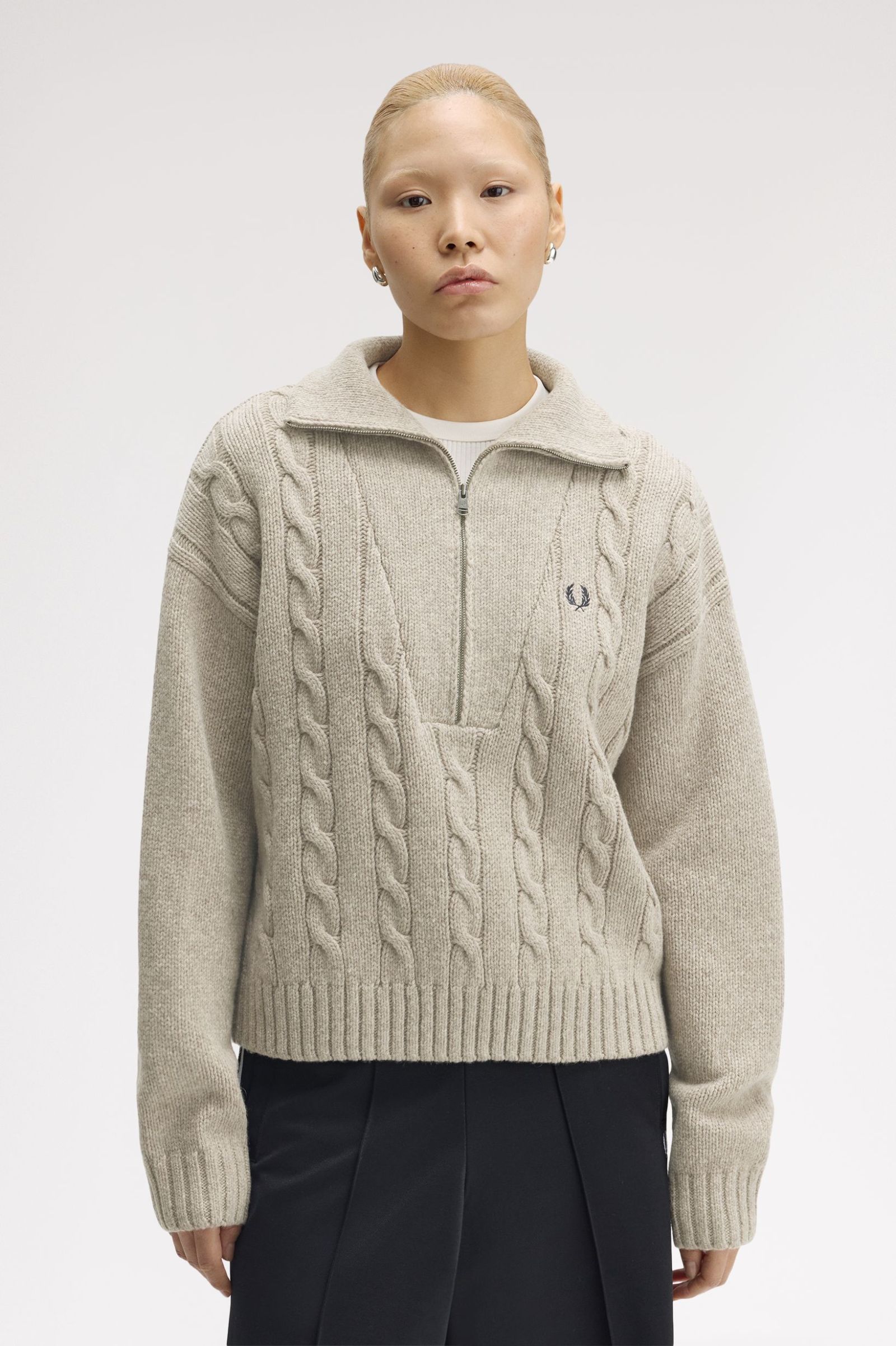 Fred Perry Half Zip Cable Knit Jumper (Warm Oat Marl)