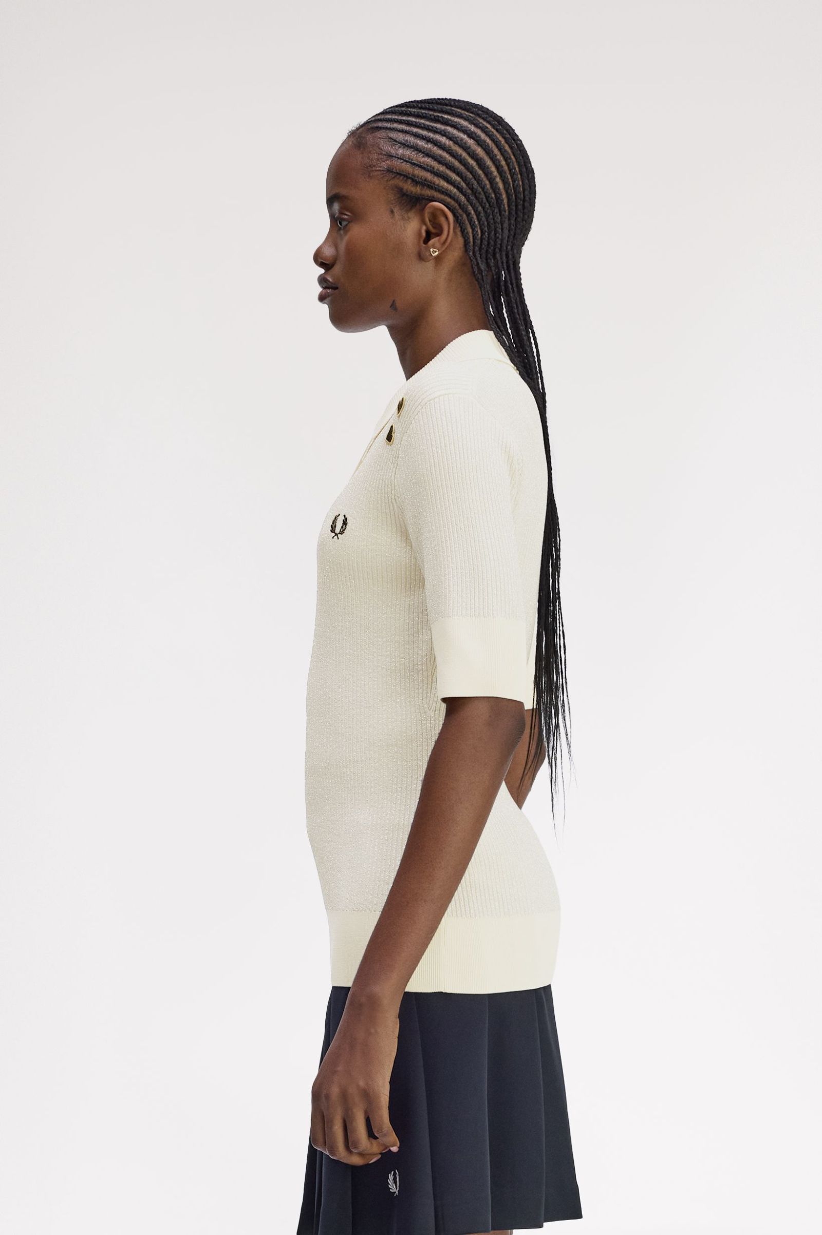 Fred Perry Amy Winehouse Metallic Rib Knit Polo Shirt (Ecru)
