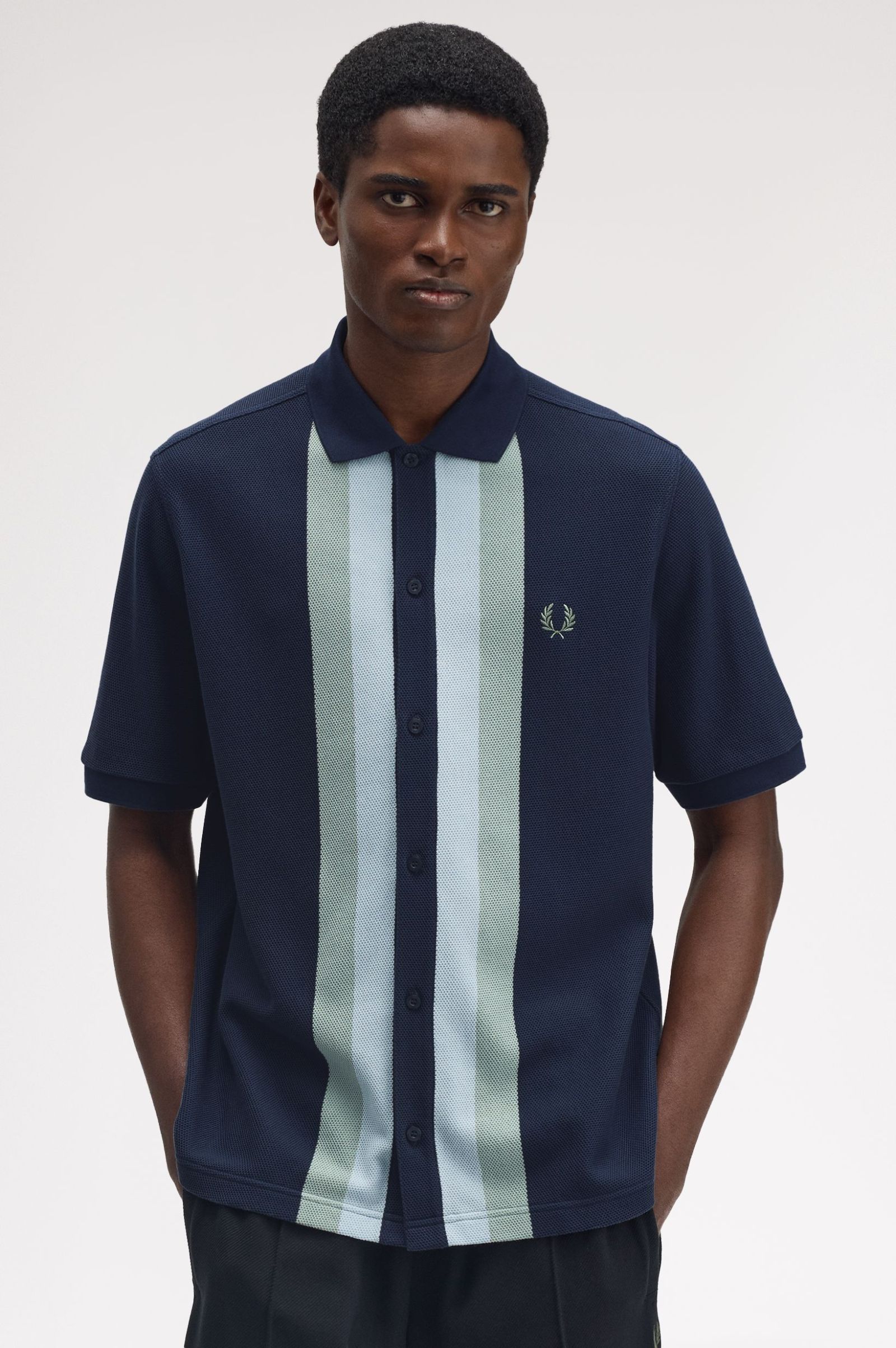 Fred Perry Panelled Button through Polo Shirt (Dark Airforce)