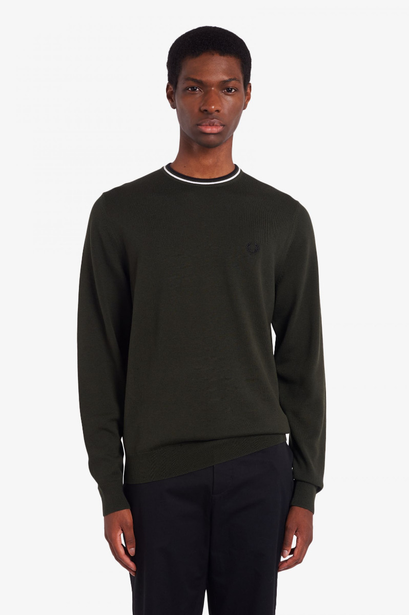 Fred Perry Classic Crew Neck Jumper Hunting Green White Black-S