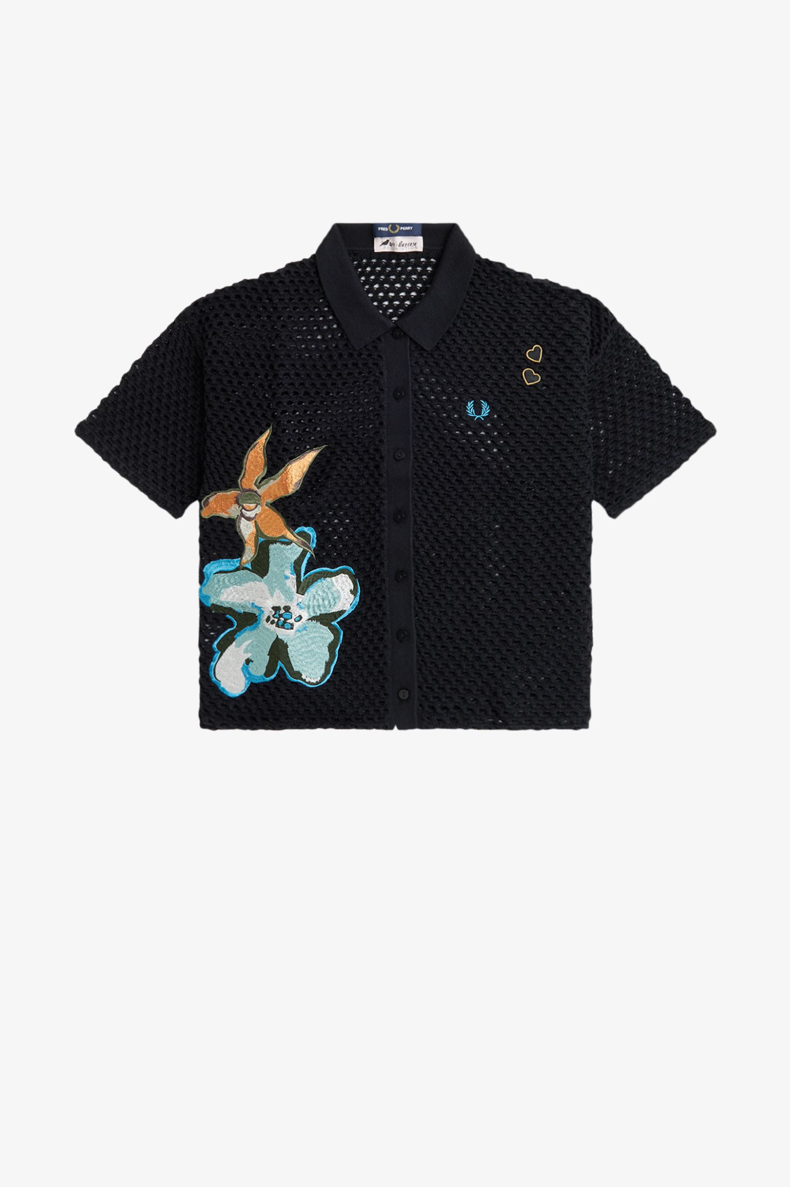 Fred Perry Embroidered Open-Knit Shirt in Black 