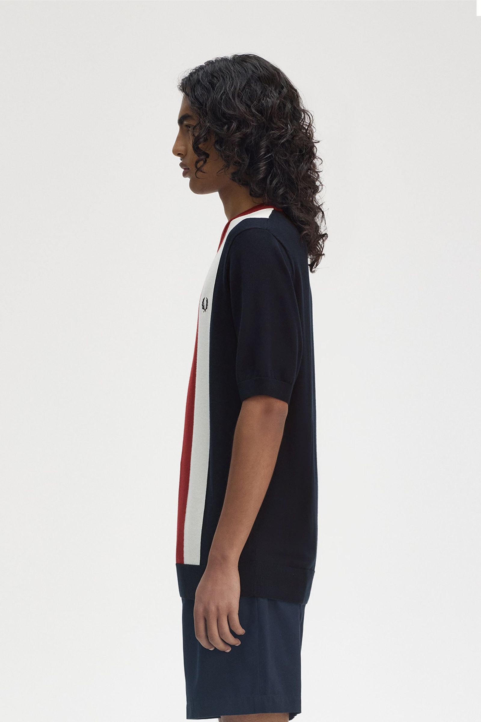 Fred Perry Vertical Stripe Knitted T-Shirt in Navy/Burnt Red/Ecru