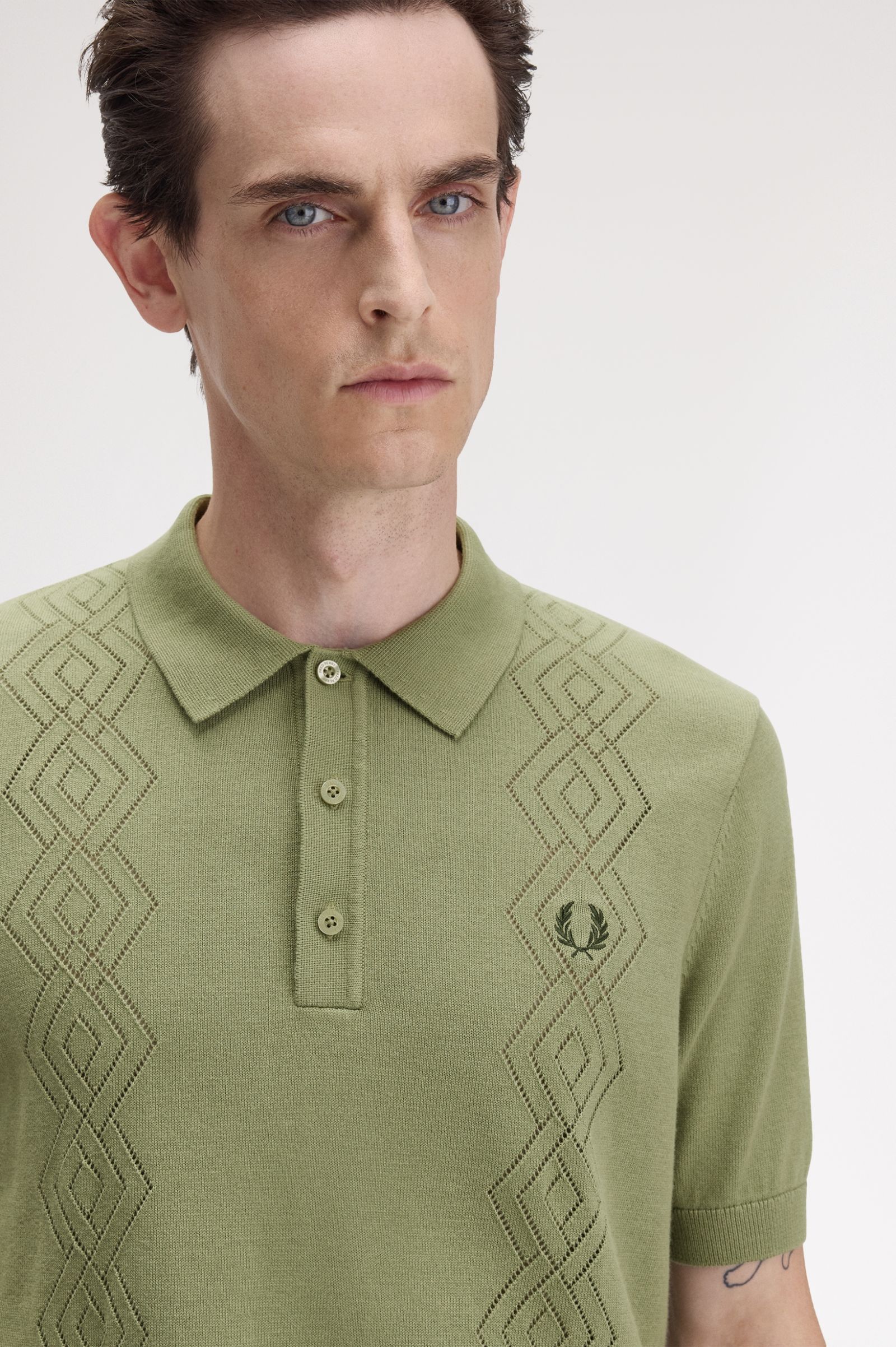 Fred Perry Pointelle Knitted Shirt in Olive Mint 