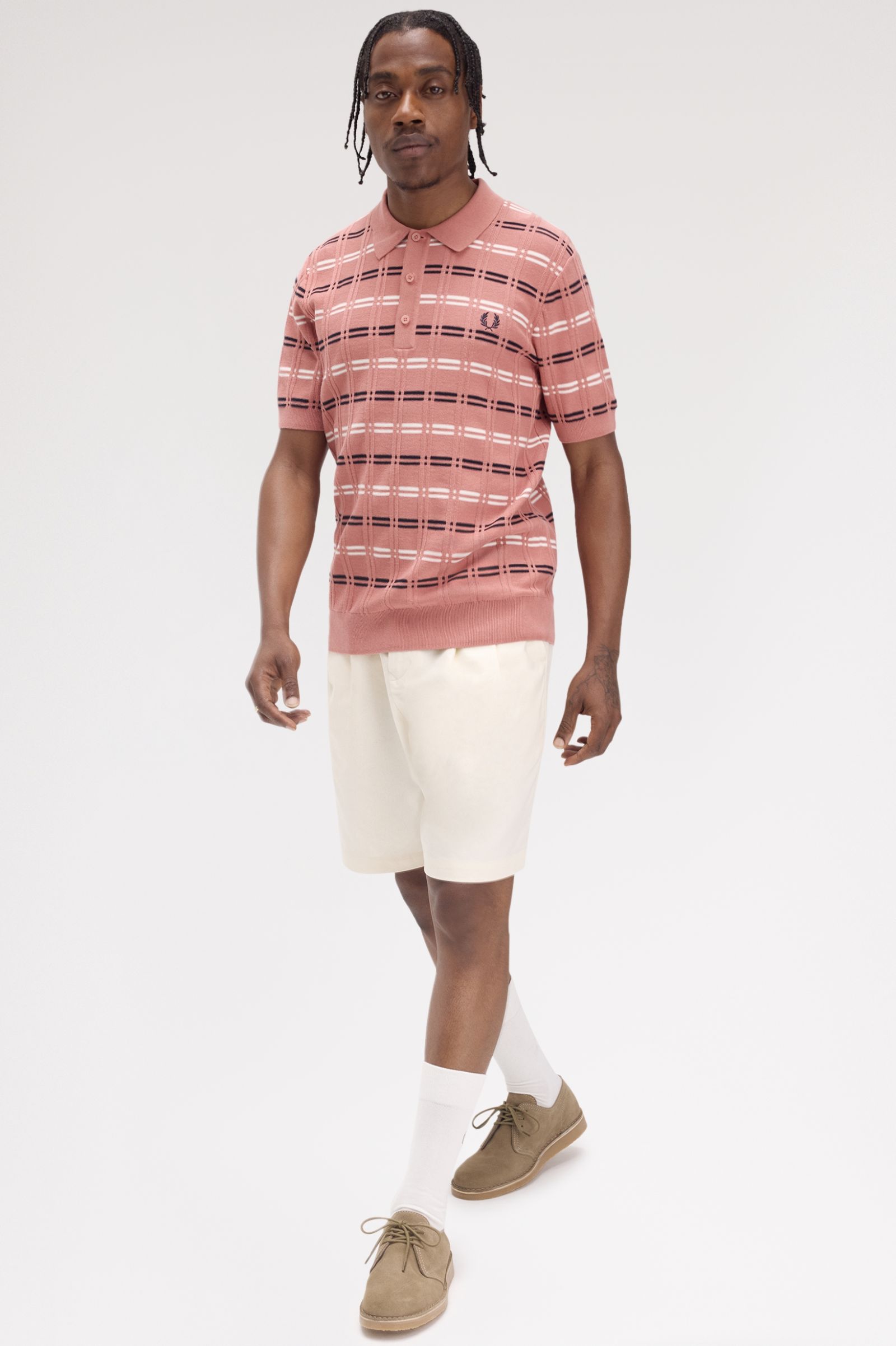 Fred Perry Striped Rib Knitted Shirt in Putty Pink