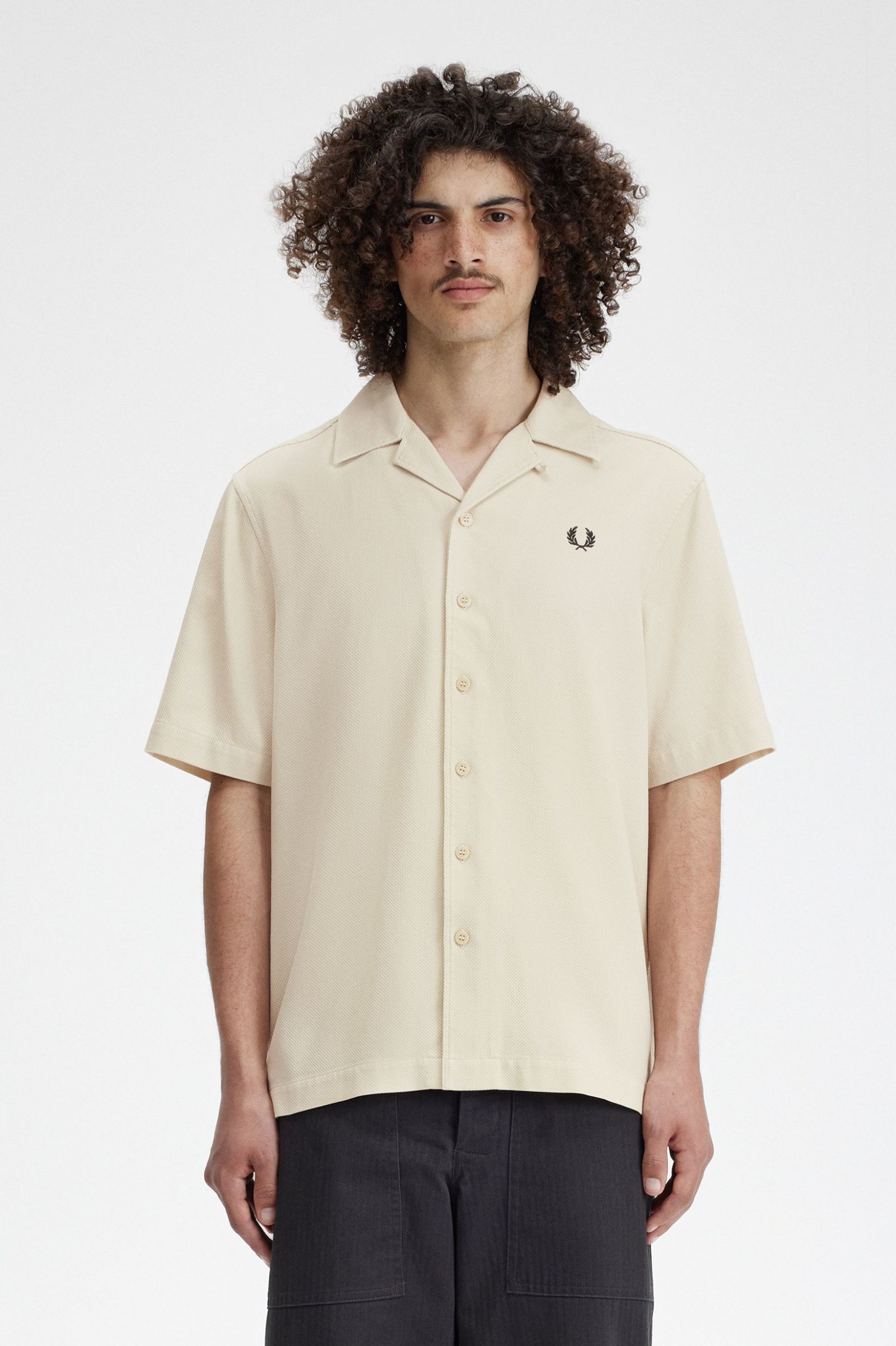 Fred Perry Piqué Texture Revere Collar Shirt in Oatmeal