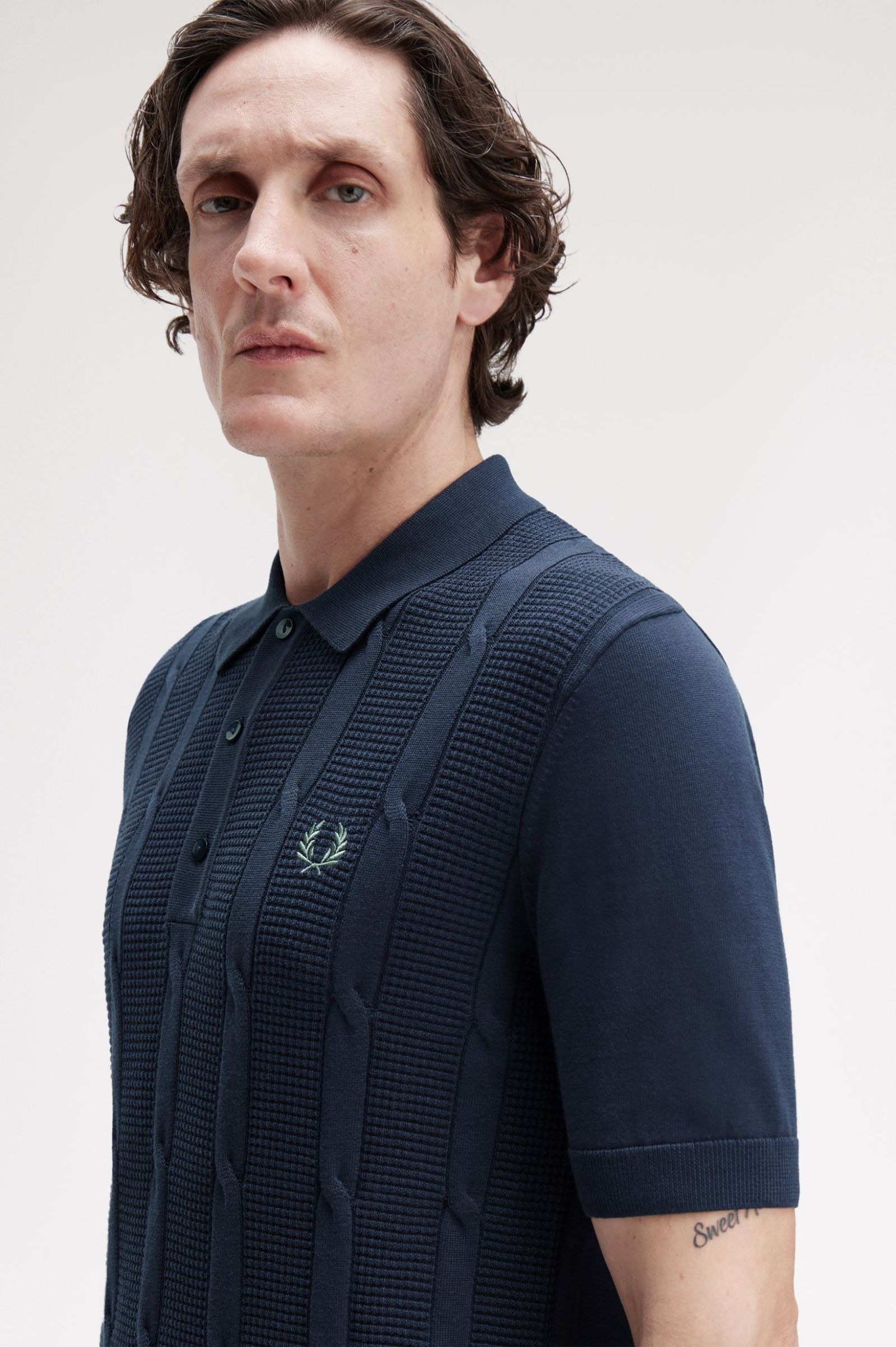 Fred Perry Textured Cable Knit Polo Shirt (Dark Airforce) 
