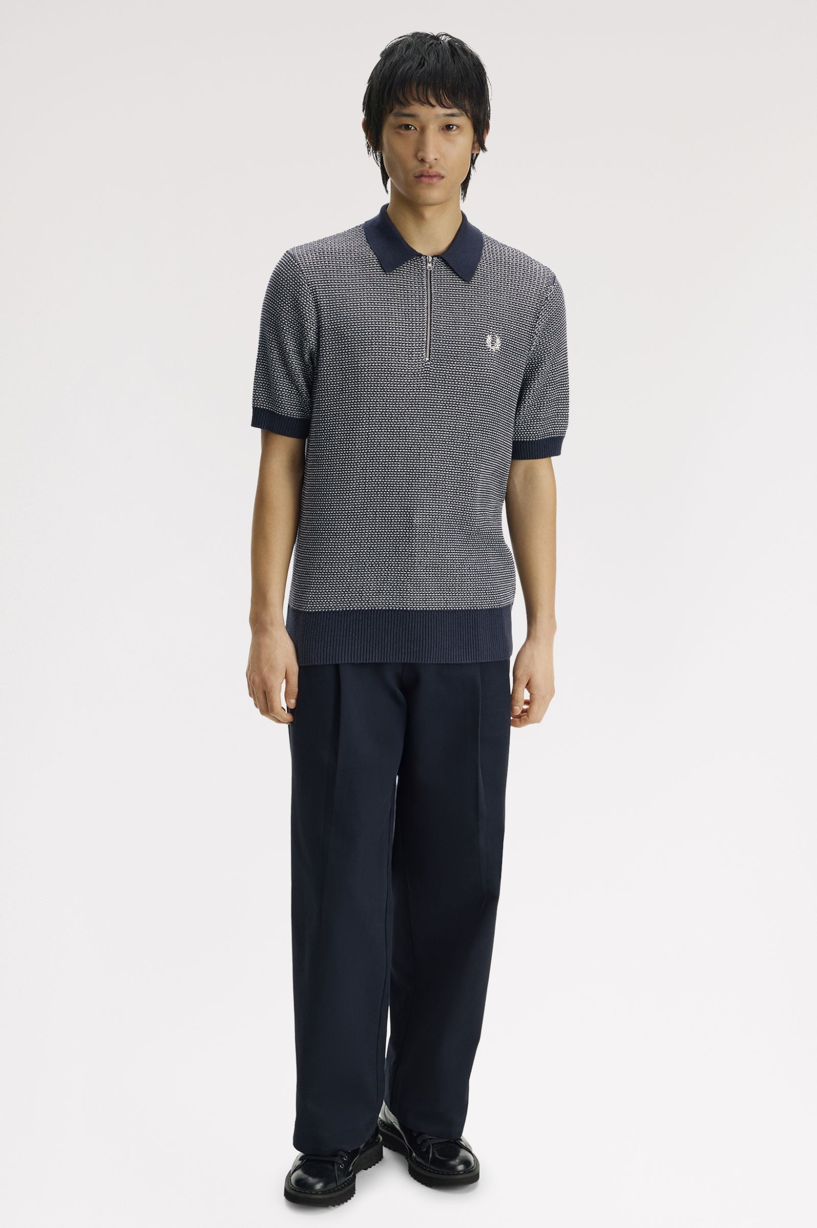 Fred Perry Textured Knitted Zip-Through Shirt (Navy) 