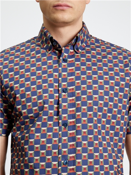 Ben Sherman Short Sleeve Retro Geo Print Shirt (Twilight Denim)