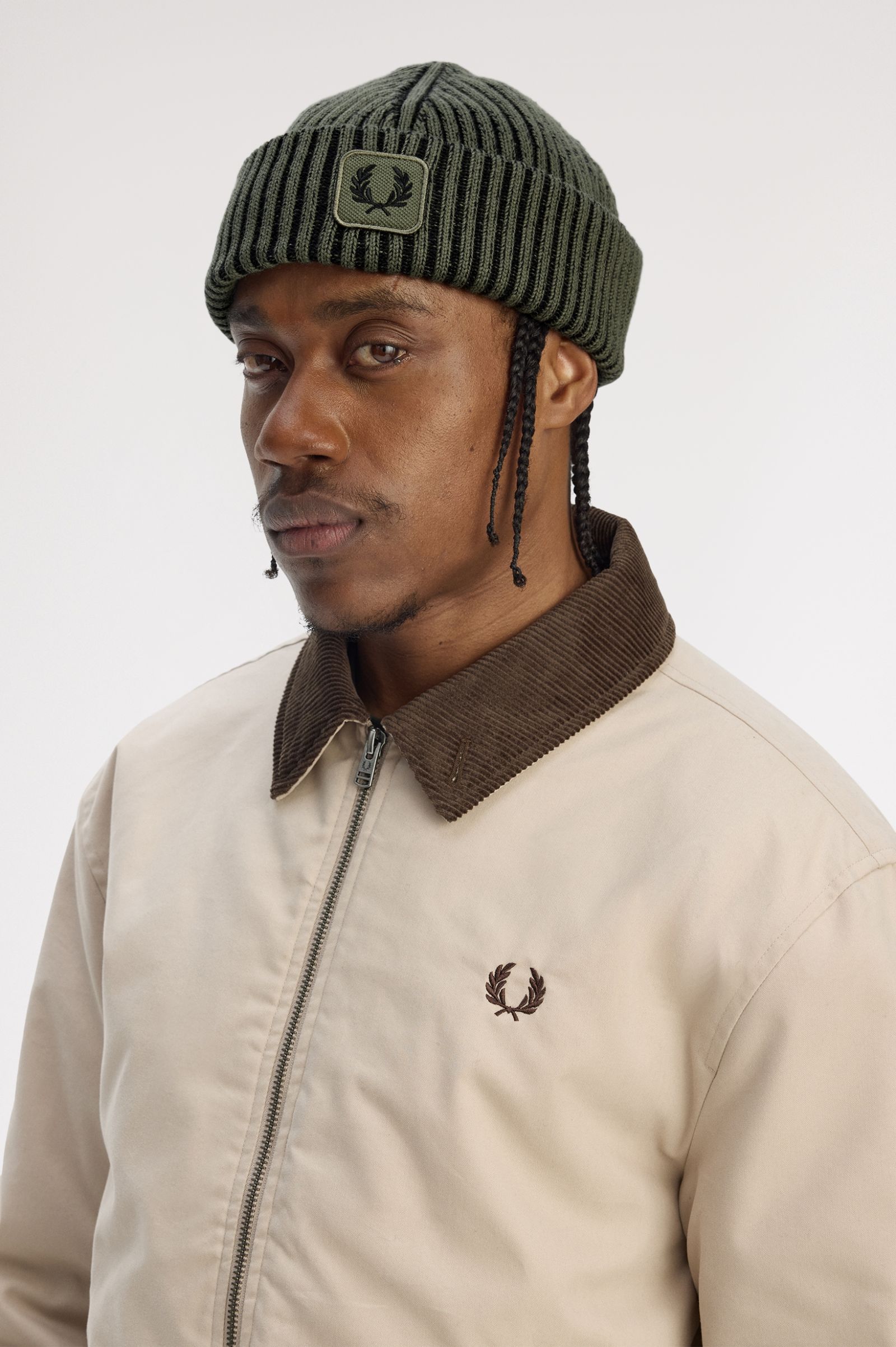 Fred Perry Cotton Ribbed Beanie (Laurelwreathgreen/Black) 