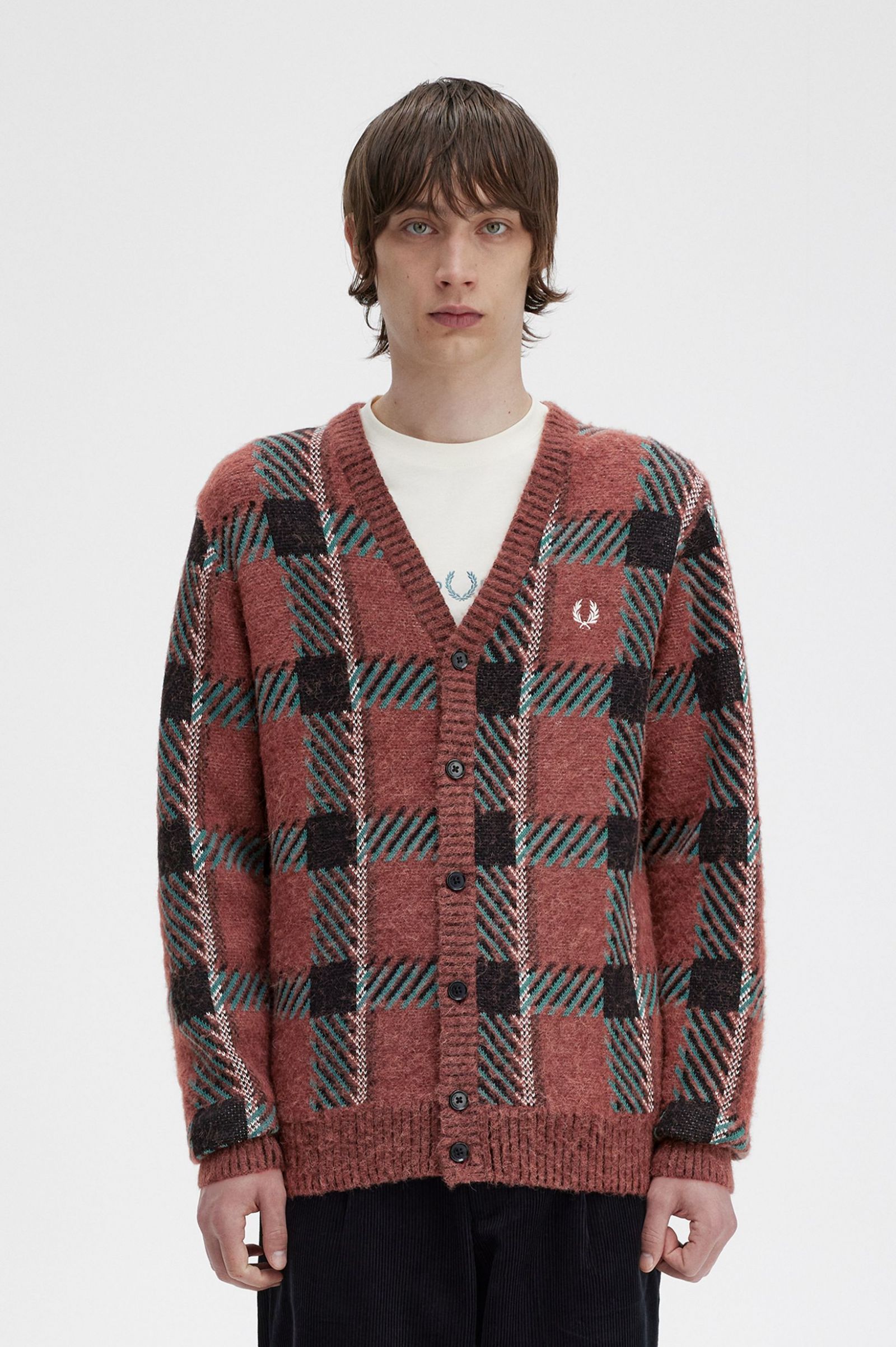 Fred Perry Glitch Tartan Cardigan in Whisky Brown
