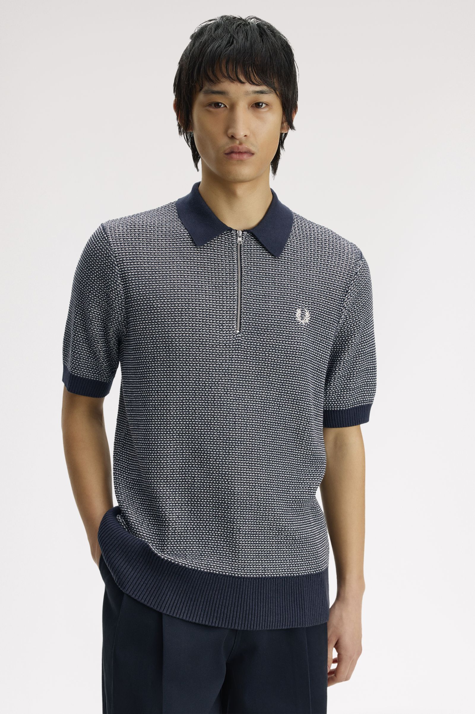 Fred Perry Textured Knitted Zip-Through Shirt (Navy) 
