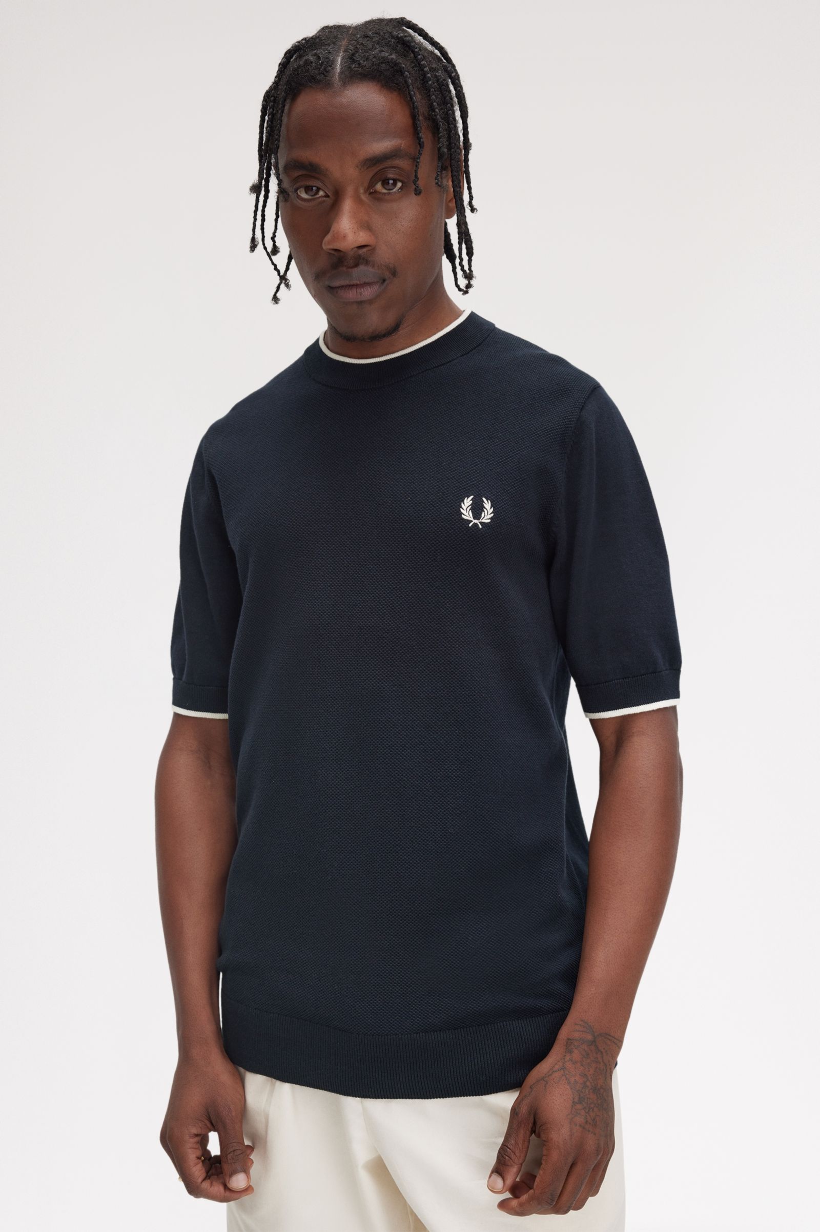 Fred Perry Texture Front Knitted T-Shirt in Navy 