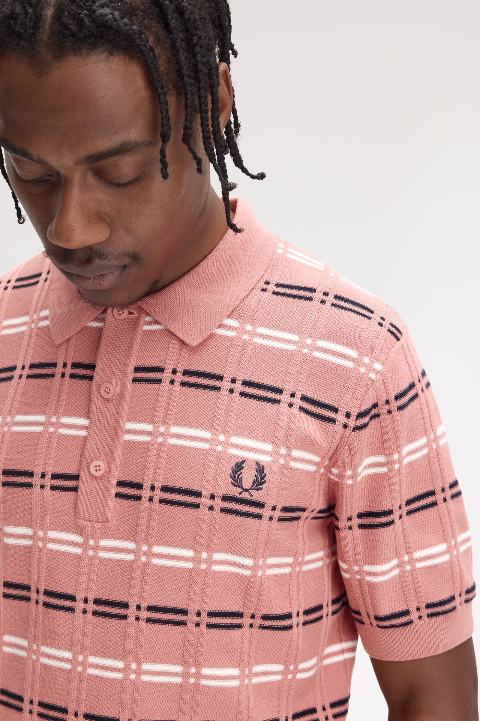 Fred Perry Striped Rib Knitted Shirt in Putty Pink