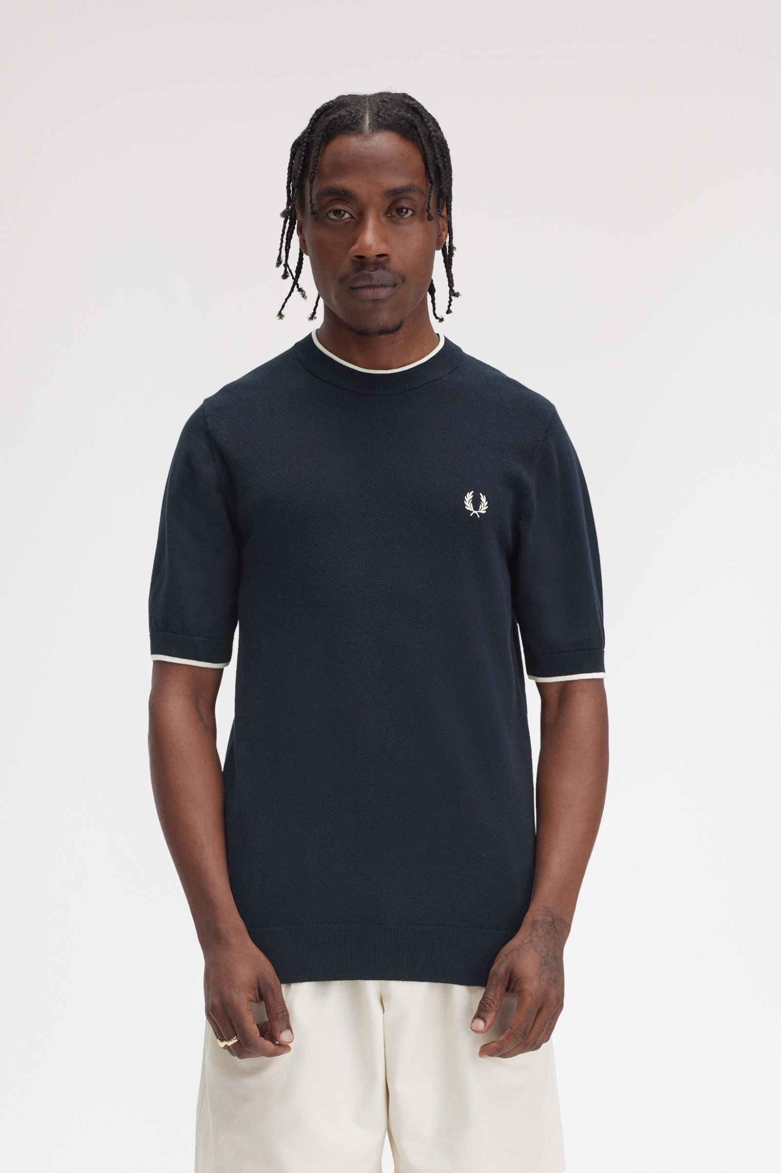 Fred Perry Texture Front Knitted T-Shirt in Navy 