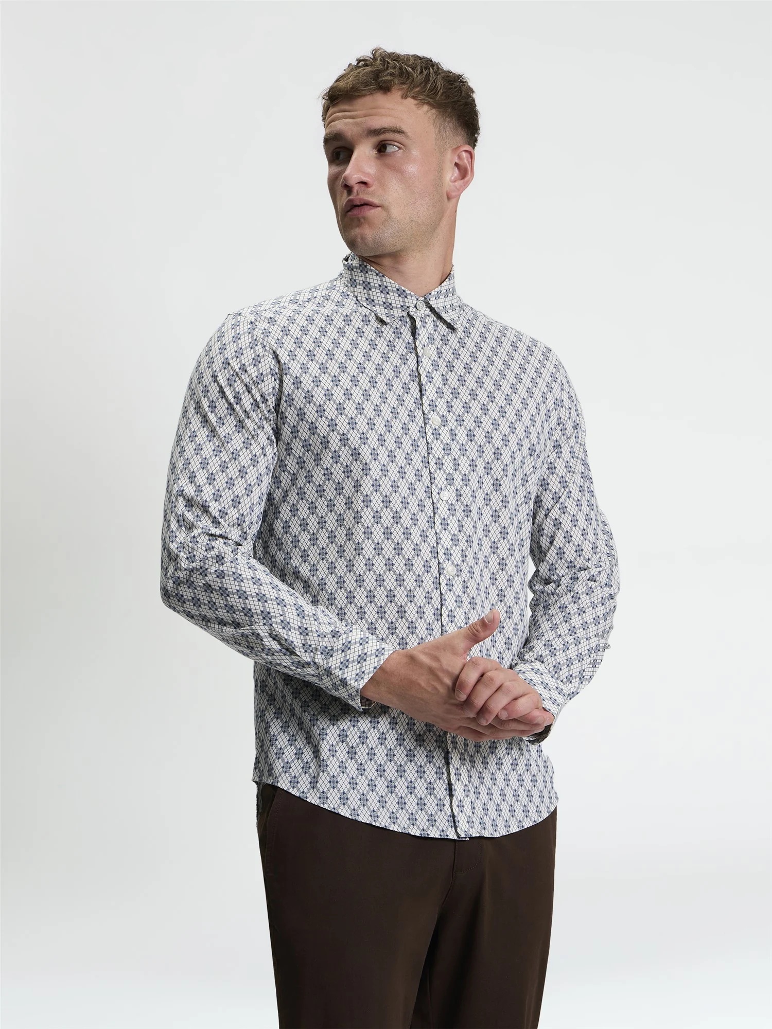 Ben Sherman Long Sleeve Linear Geo Print Shirt (Off White)