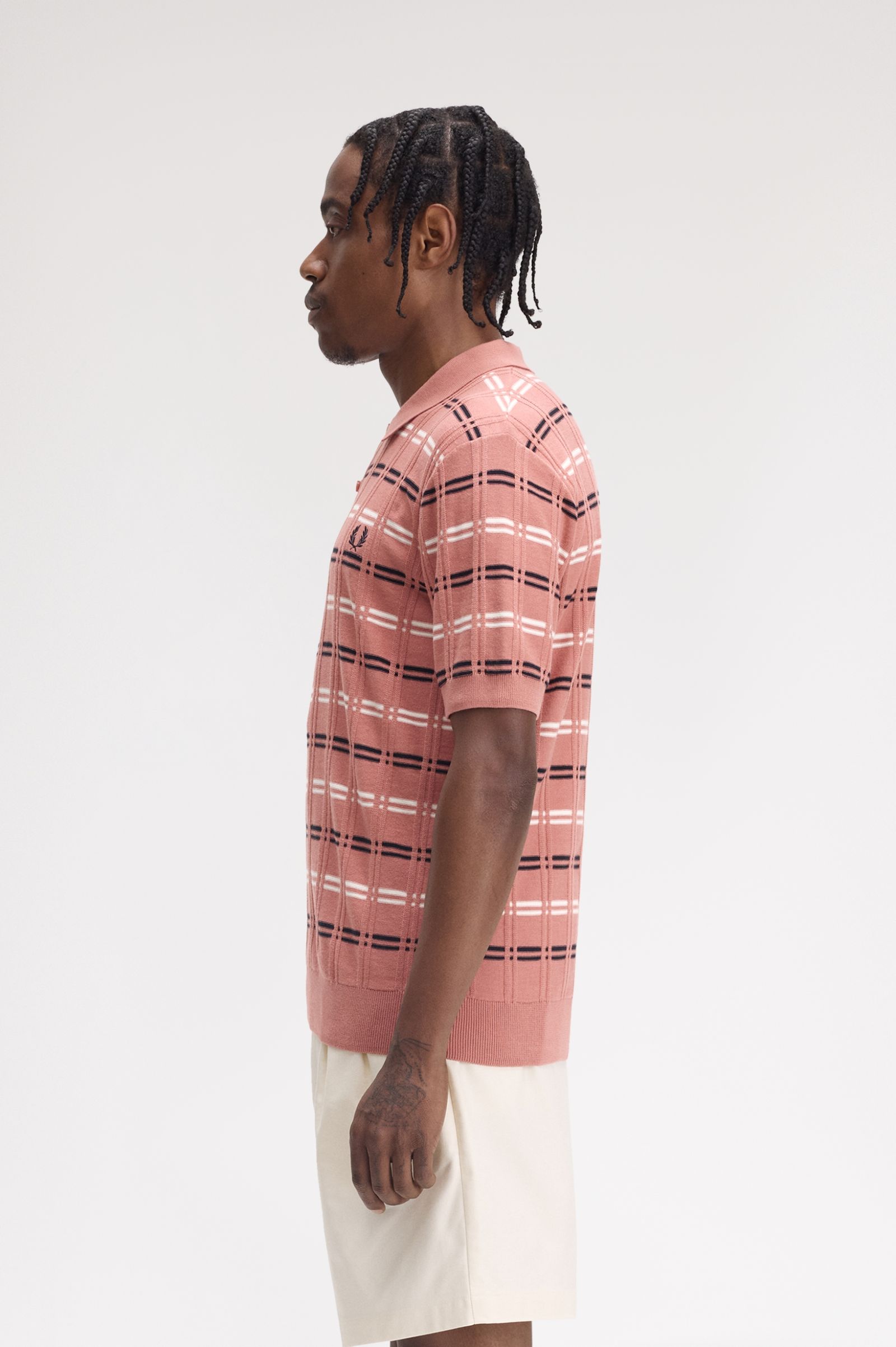 Fred Perry Striped Rib Knitted Shirt in Putty Pink