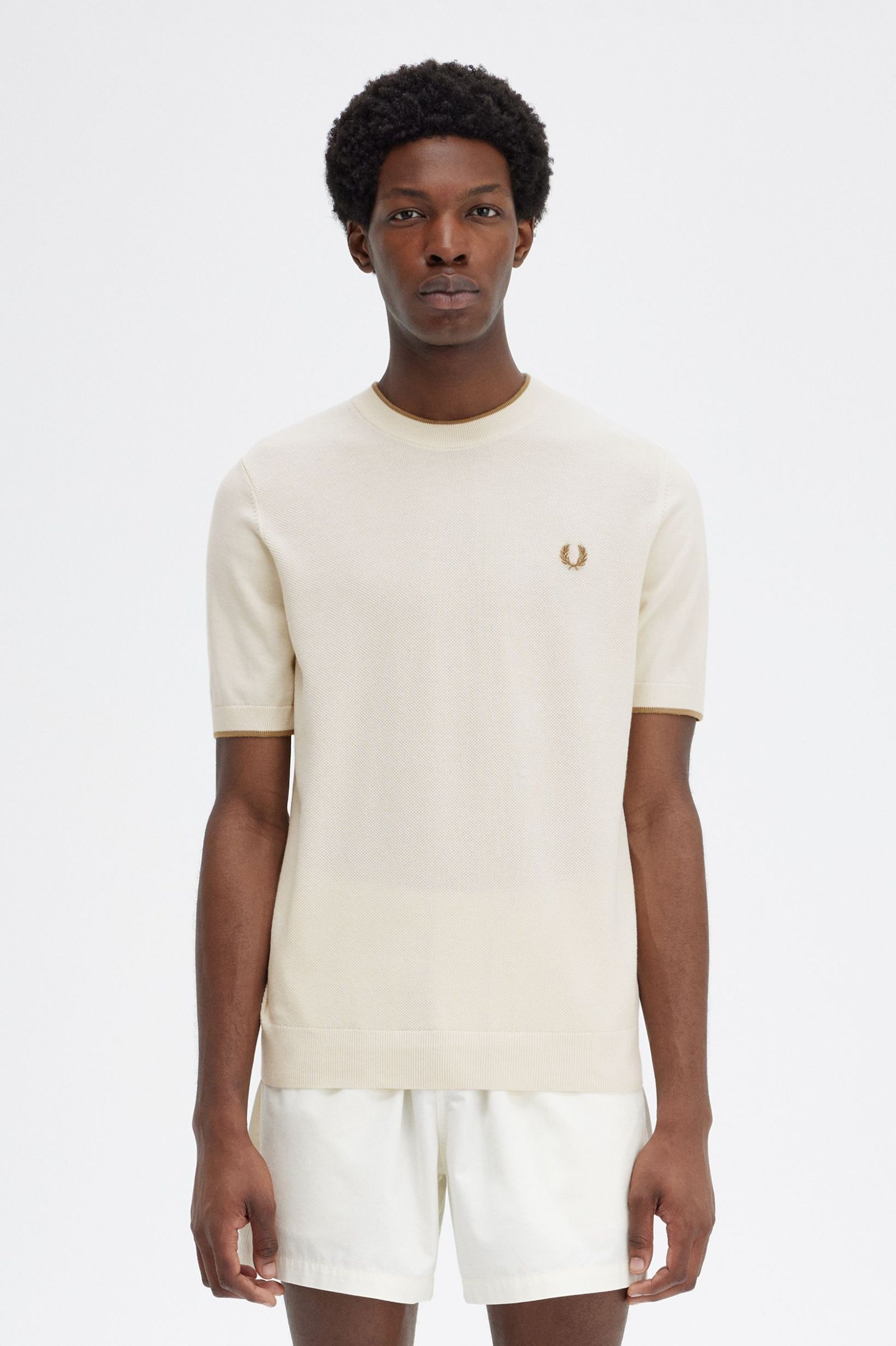 Fred Perry Texture Front Knitted T-Shirt in Ecru 
