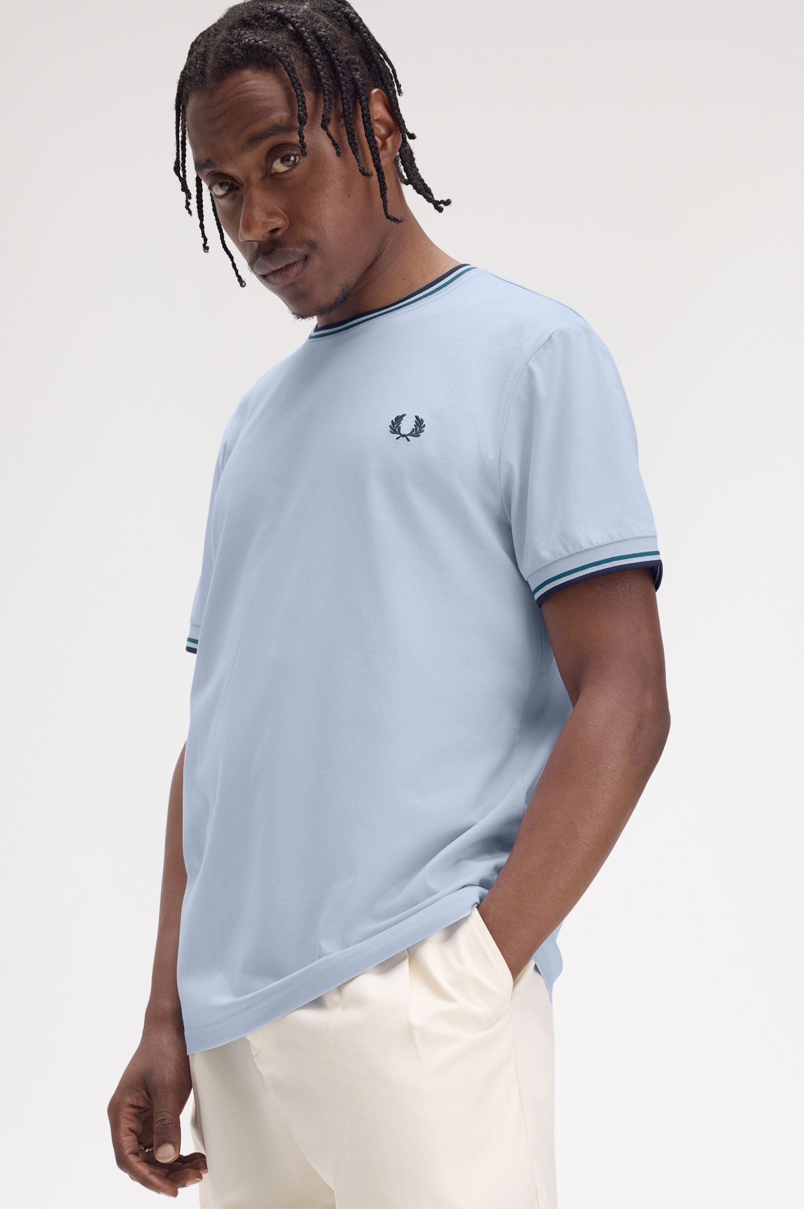 Fred Perry Twin Tipped T-Shirt in Light Smoke/Petrol Blue/Navy 