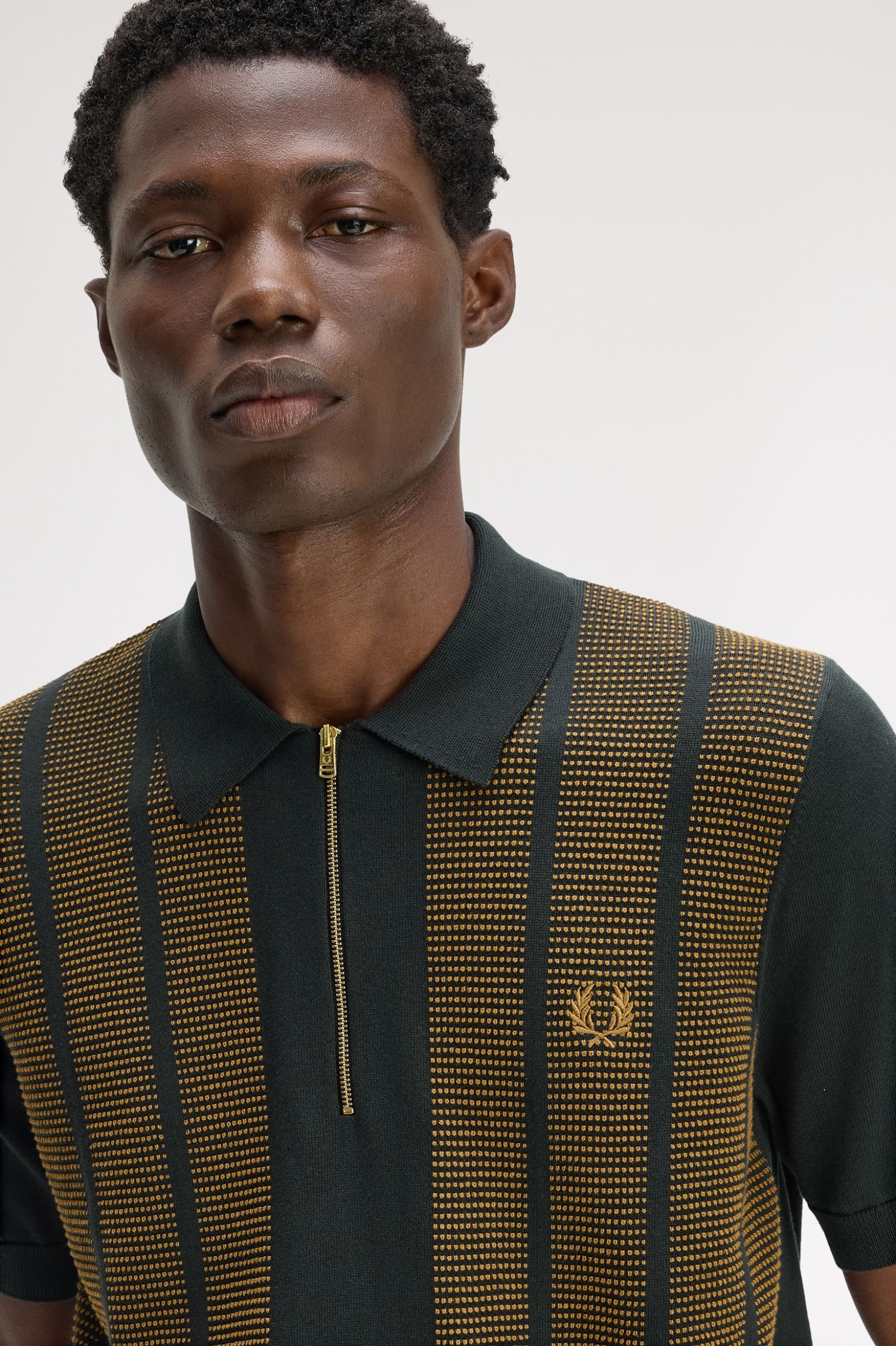 Frerd Perry Textured Panel Knitted Shirt (Night Green)