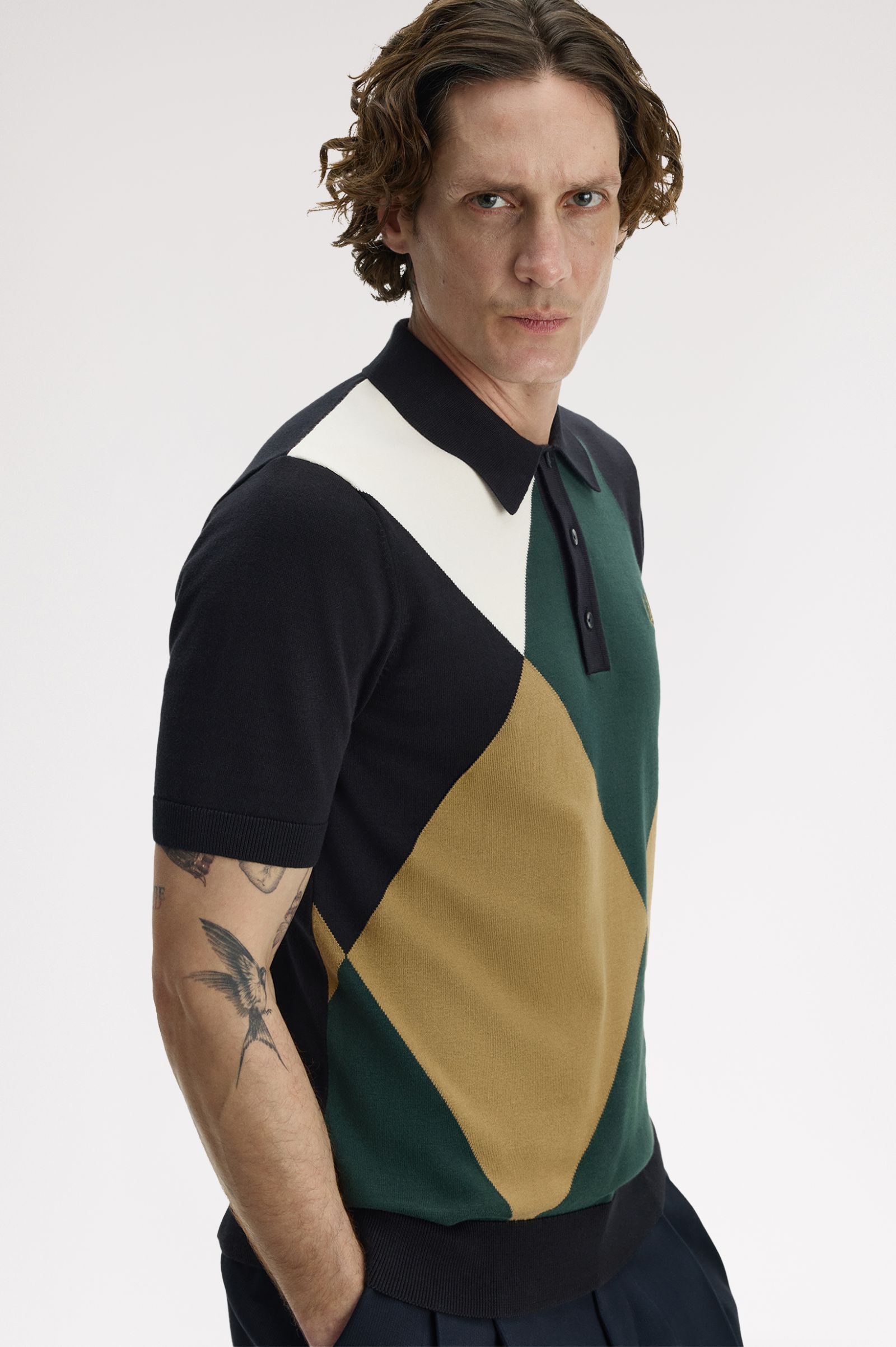 Fred Perry Offset Argyle Knitted Shirt (Black)