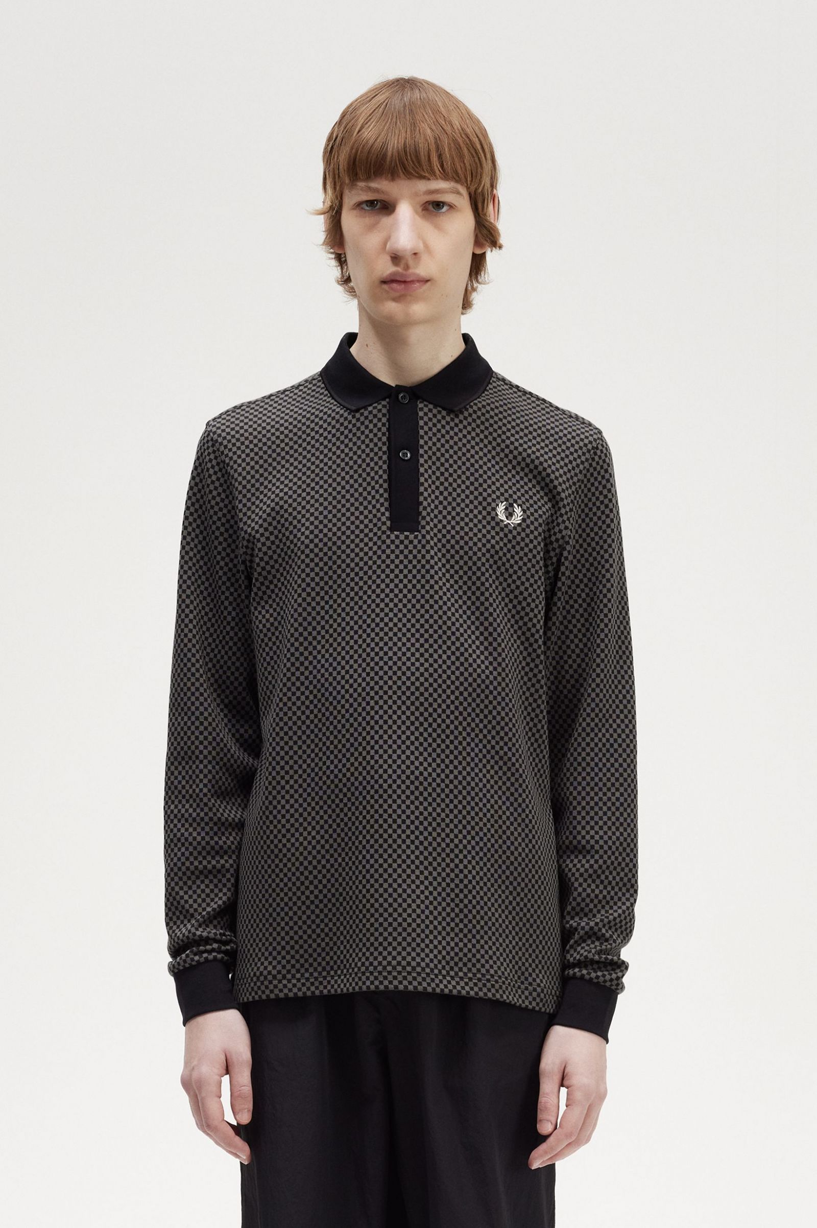 Fred Perry Longsleeve Poloshirt Micro Chequerboard in Black/ Field Green