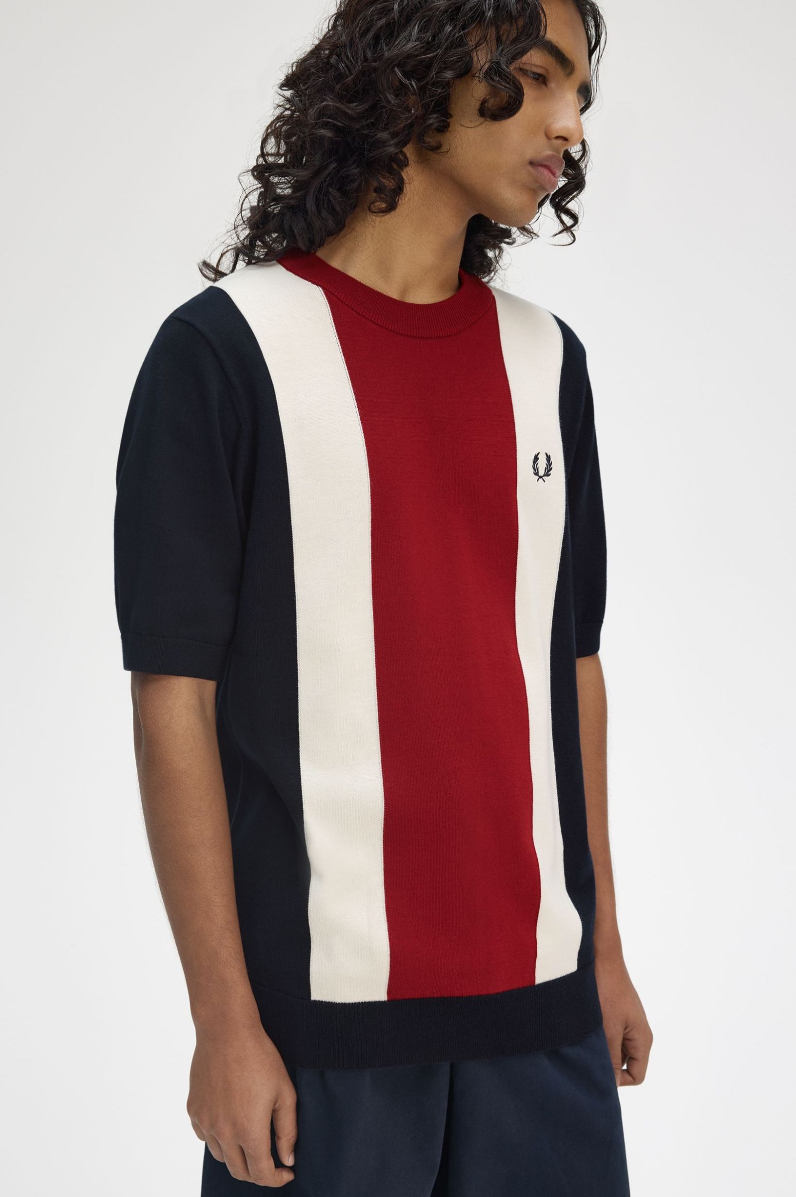Fred Perry Vertical Stripe Knitted T-Shirt in Navy/Burnt Red/Ecru