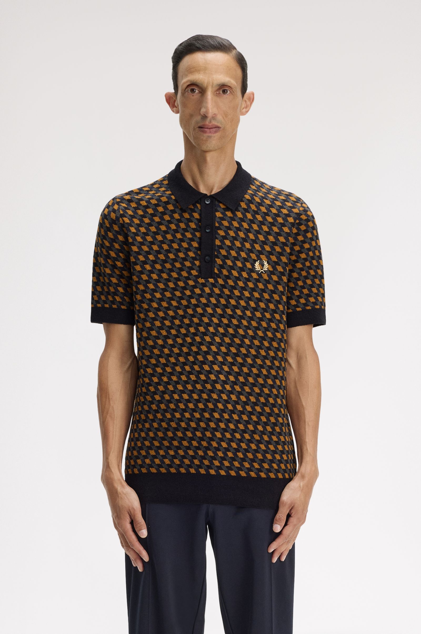 Fred Perry Geometric Knitted Shirt (Dark Caramel)