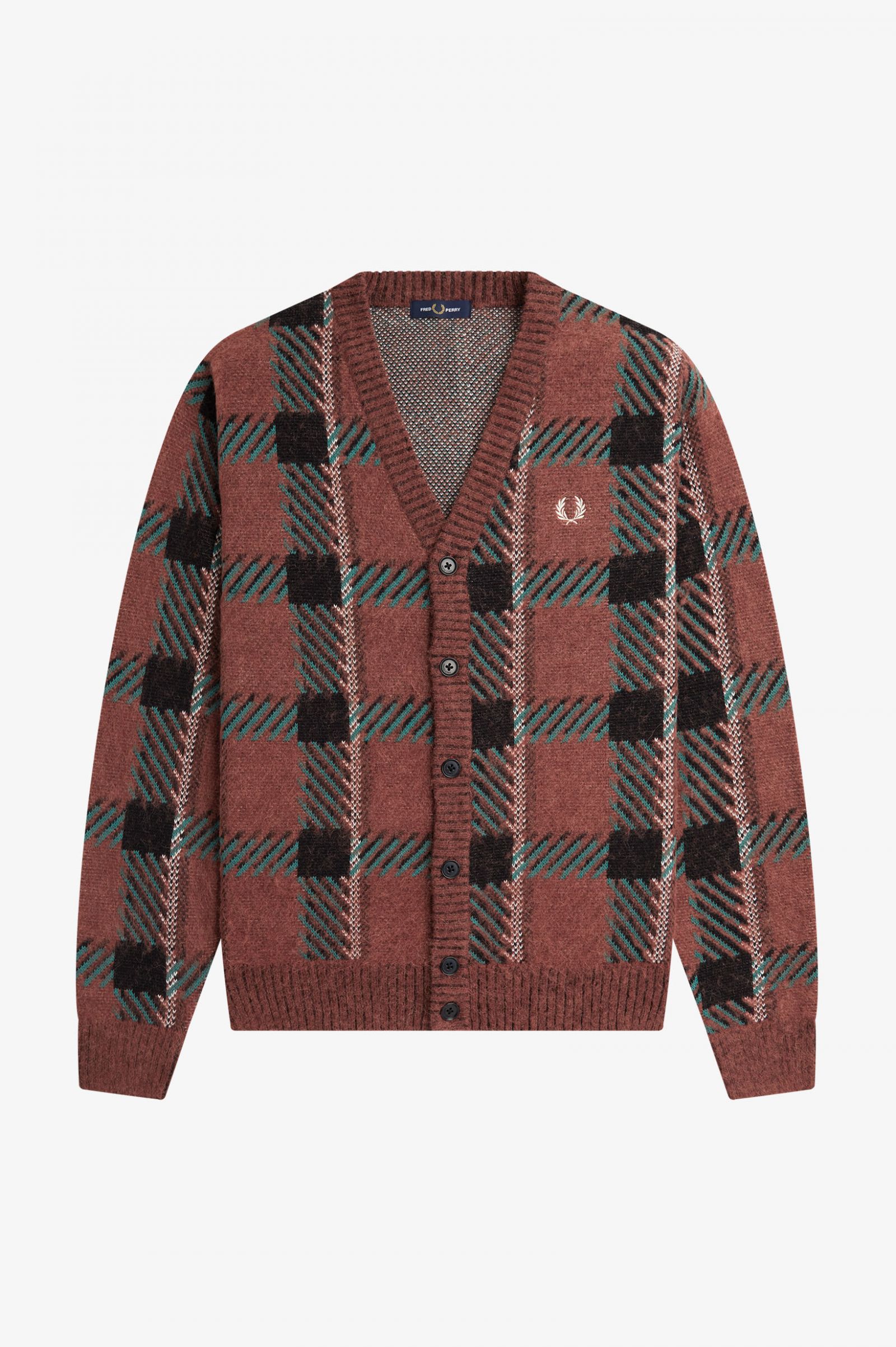 Fred Perry Glitch Tartan Cardigan in Whisky Brown
